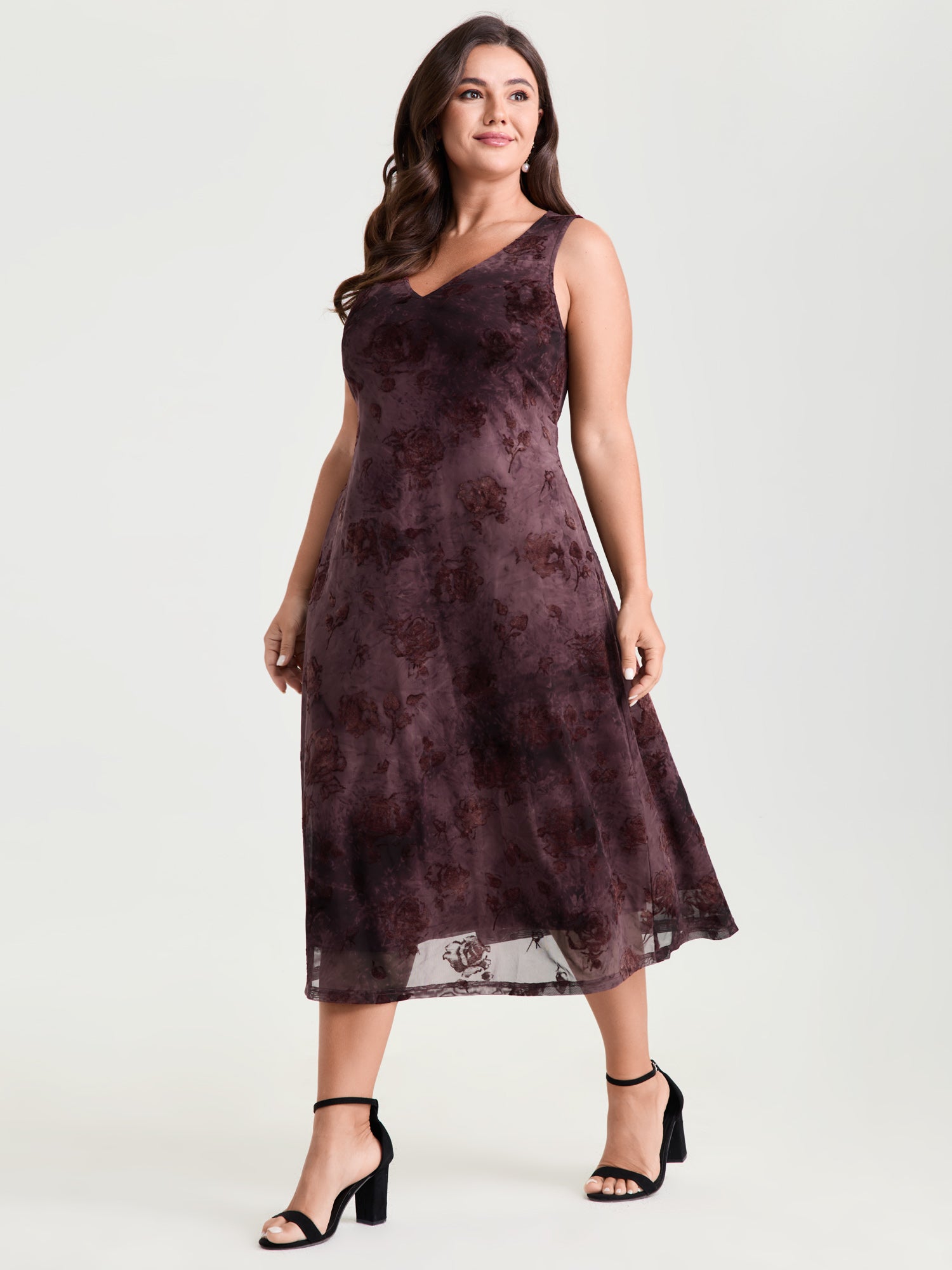 Stretchy Mesh Deep V-Neckline Midi Dress