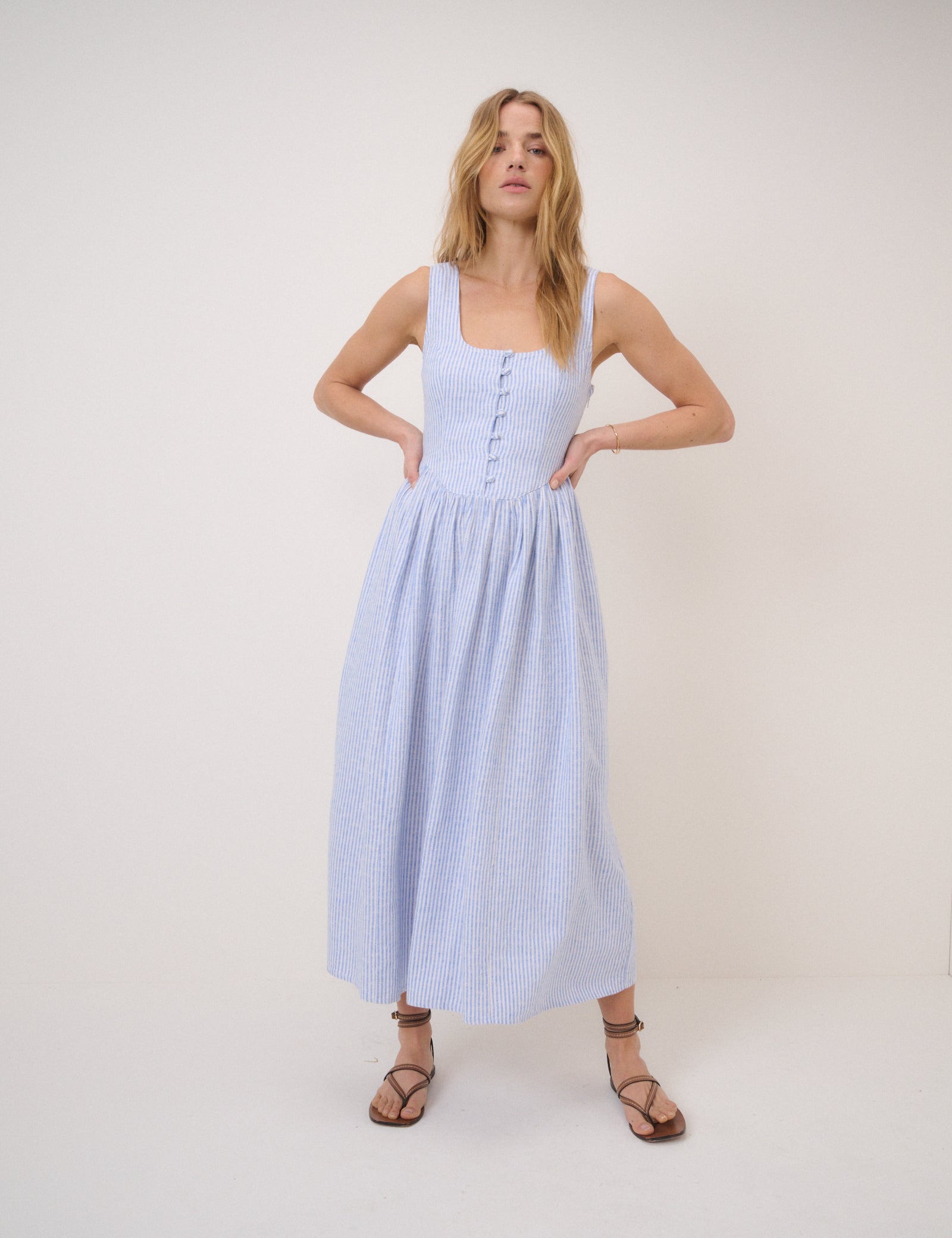 Blue Pinstripe Linen-Rich Drop Waist Cora Midi Dress