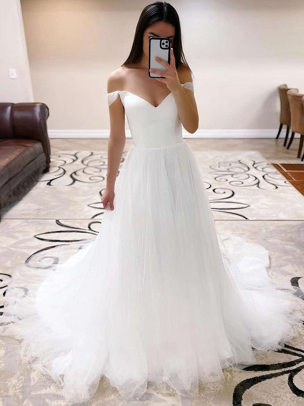 Sexy Off-The-Shoulder V-Neck Tulle A-Line Wedding Dresses with Ruffles