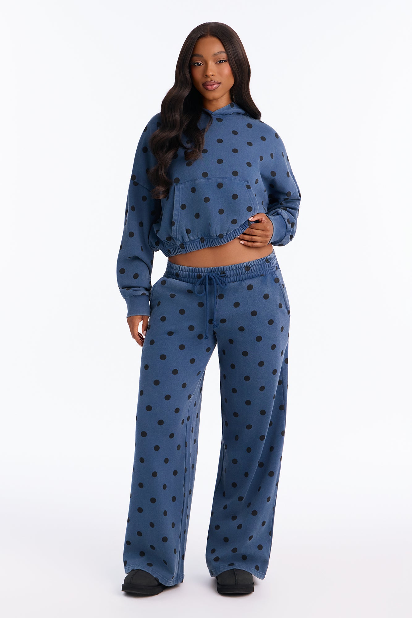 Taylor Polka Dot Washed Fleece Pant Set - Navy