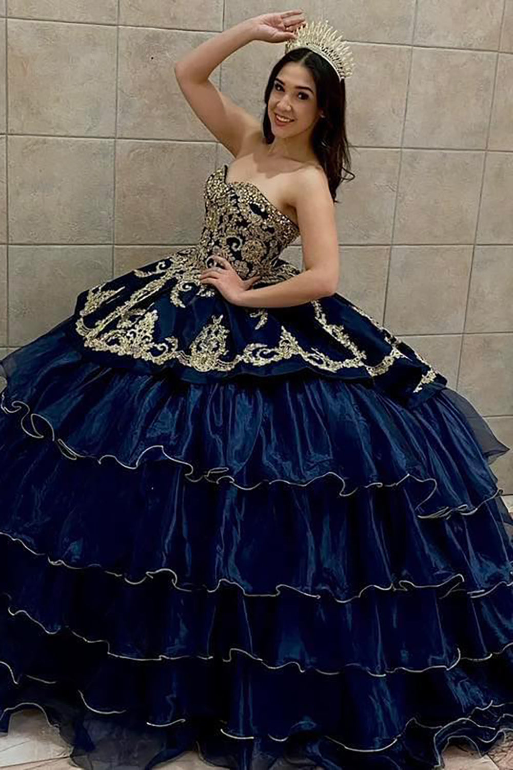 Navy Gold Sparkle Sweetheart Princess Tiered Applique Quinceanera Gown