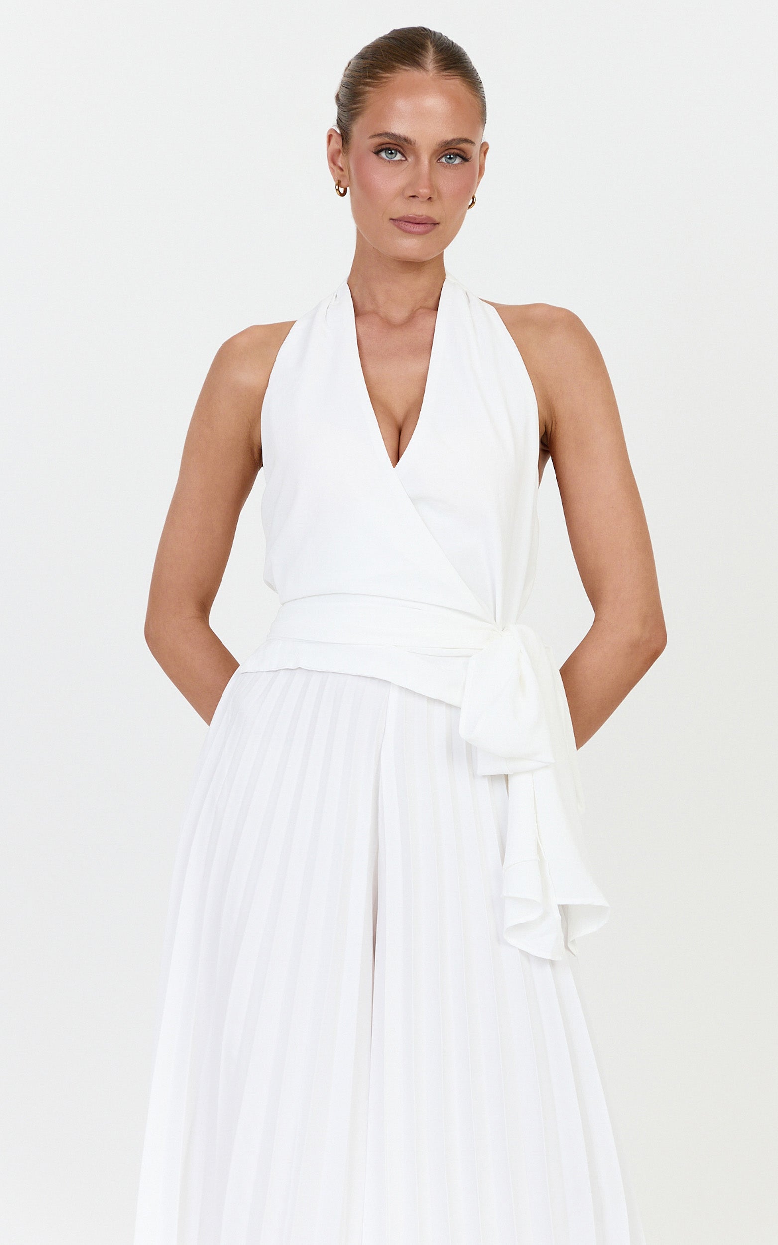 Valentina Top - Halter Neck Front Wrap Sash Detail Top in Off White