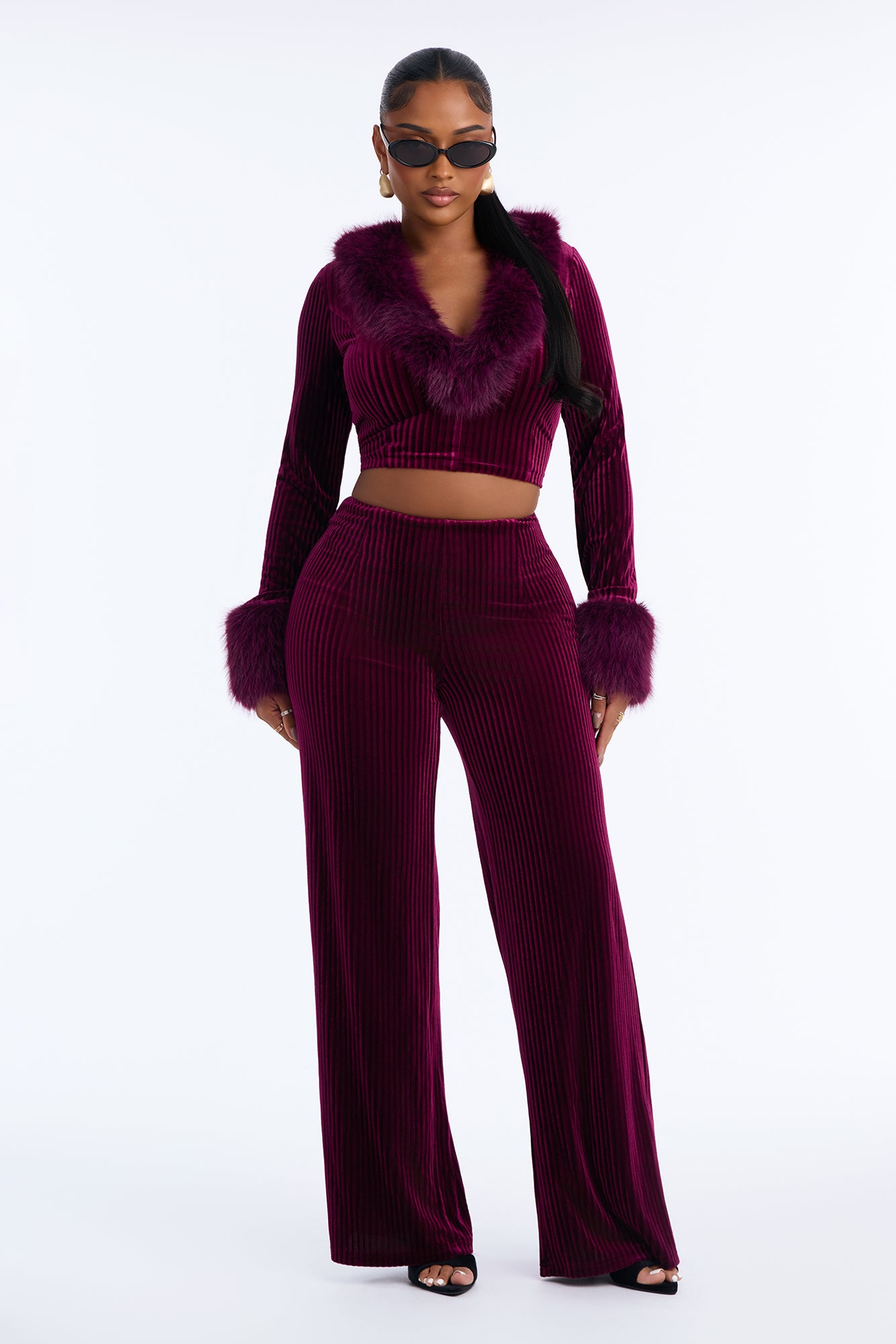 Noelle Velvet Fur Trim Pant Set - Burgundy