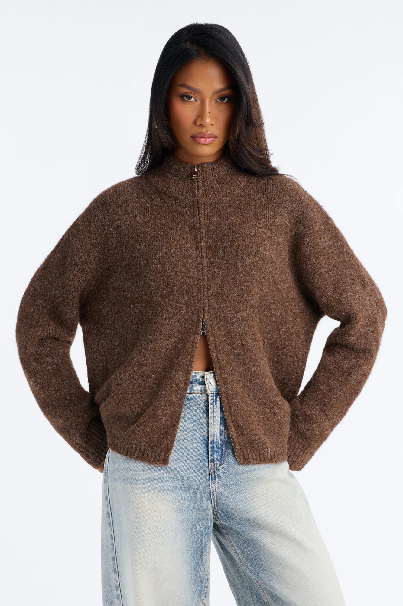 Early Mornings Mock Neck Zip Up Sweater - Brown