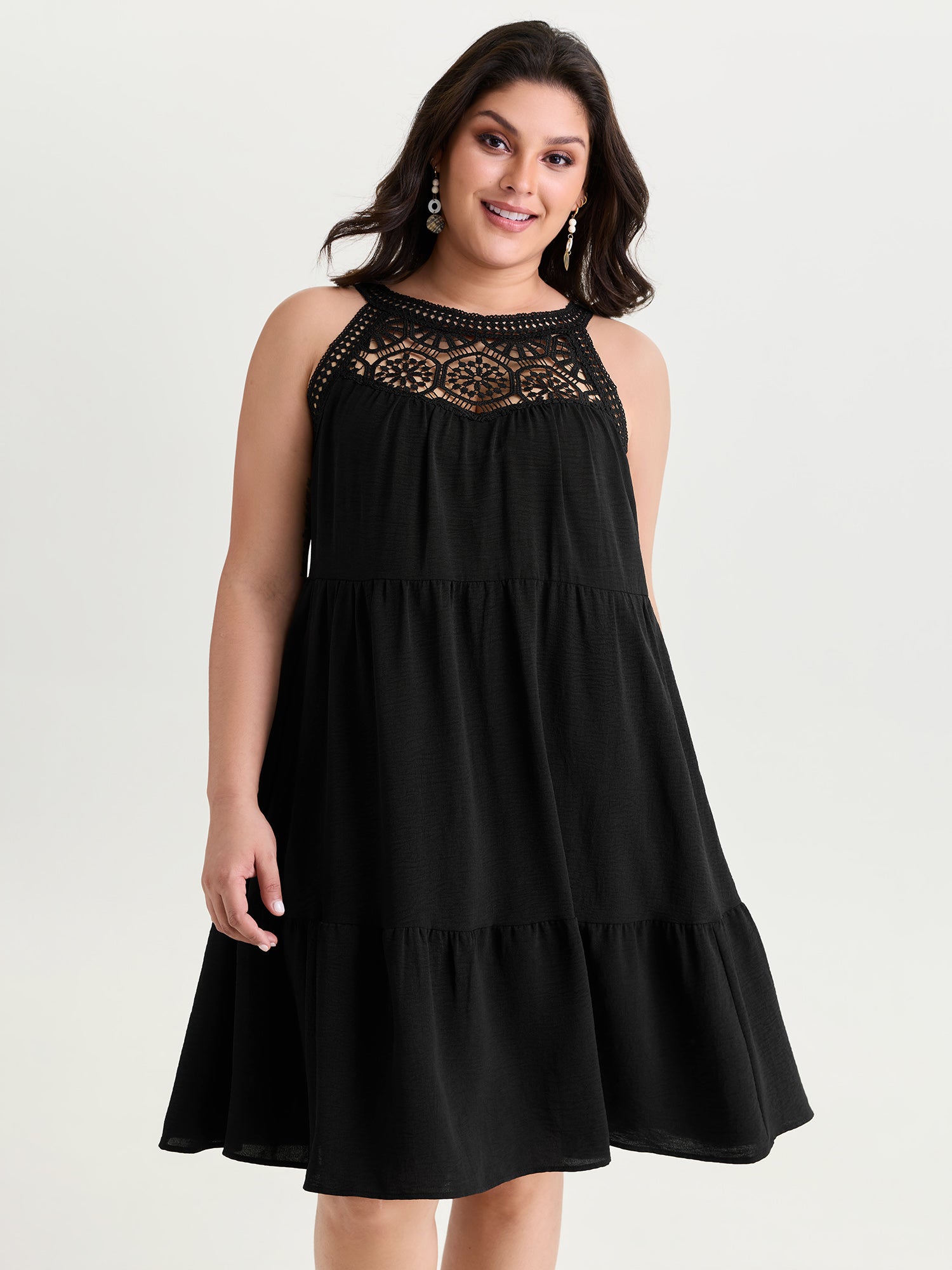 Sheer Lace Halter Neckline Tiered Mini Dress