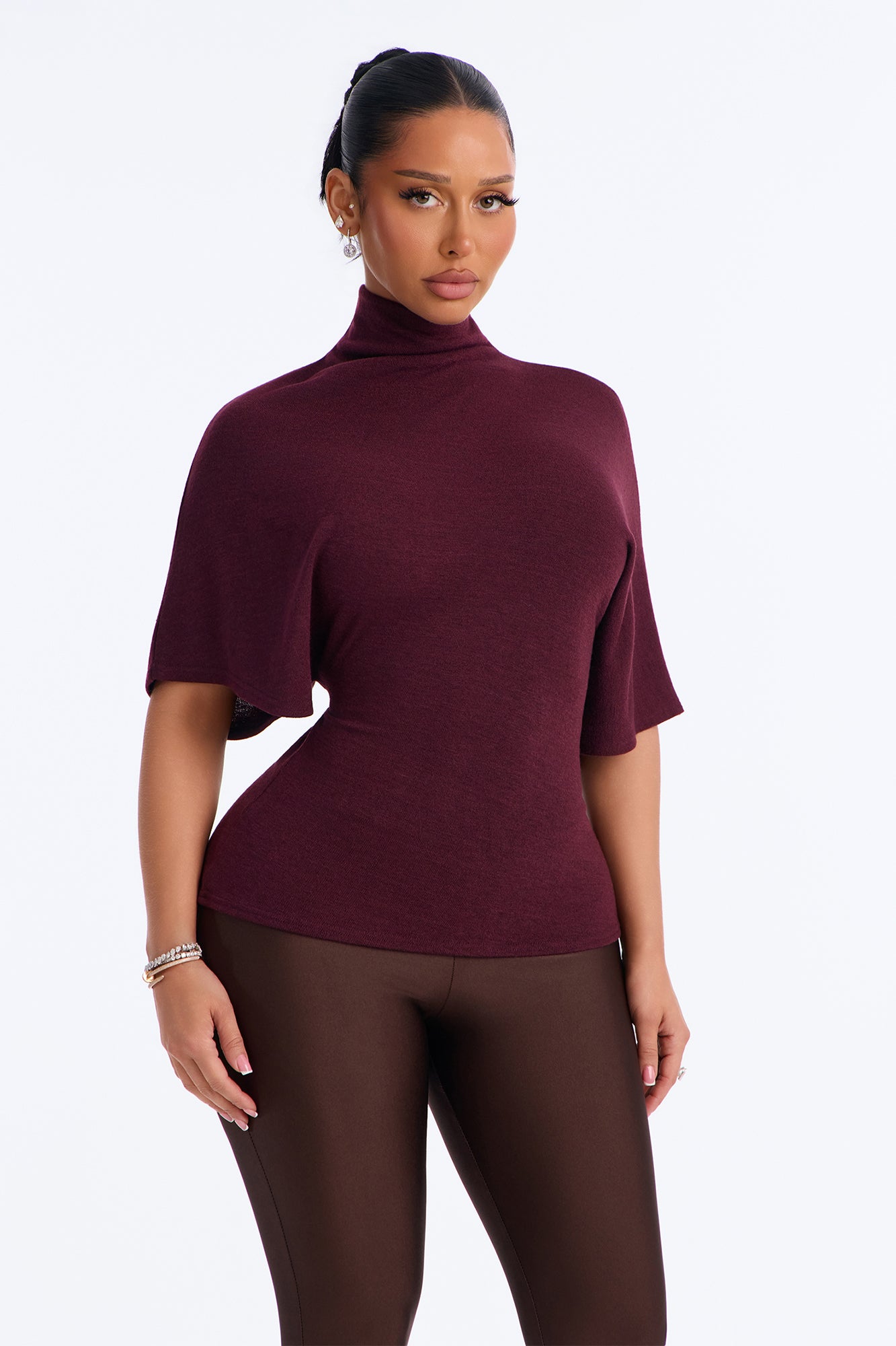 Cozy Era Ruched Turtle Neck Short Sleeve Top - Plum