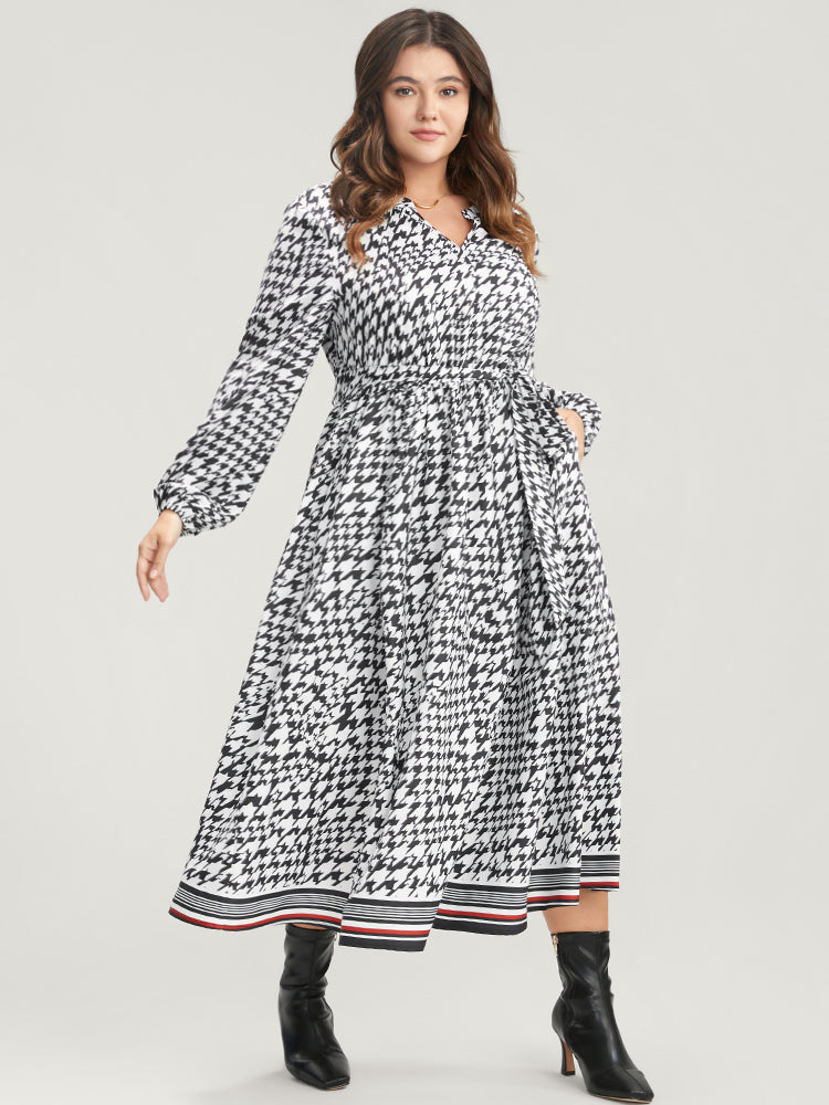 Houndstooth Print Pocket Lantern Sleeve Belted Dress