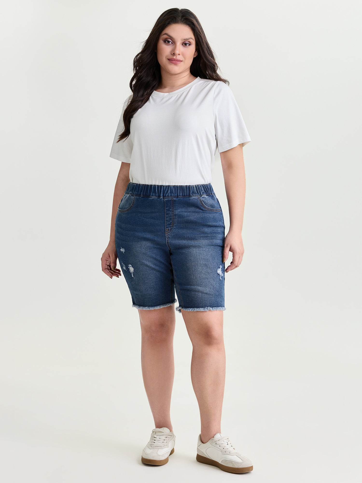 Everyday Elastic Waist Ripped Denim Shorts