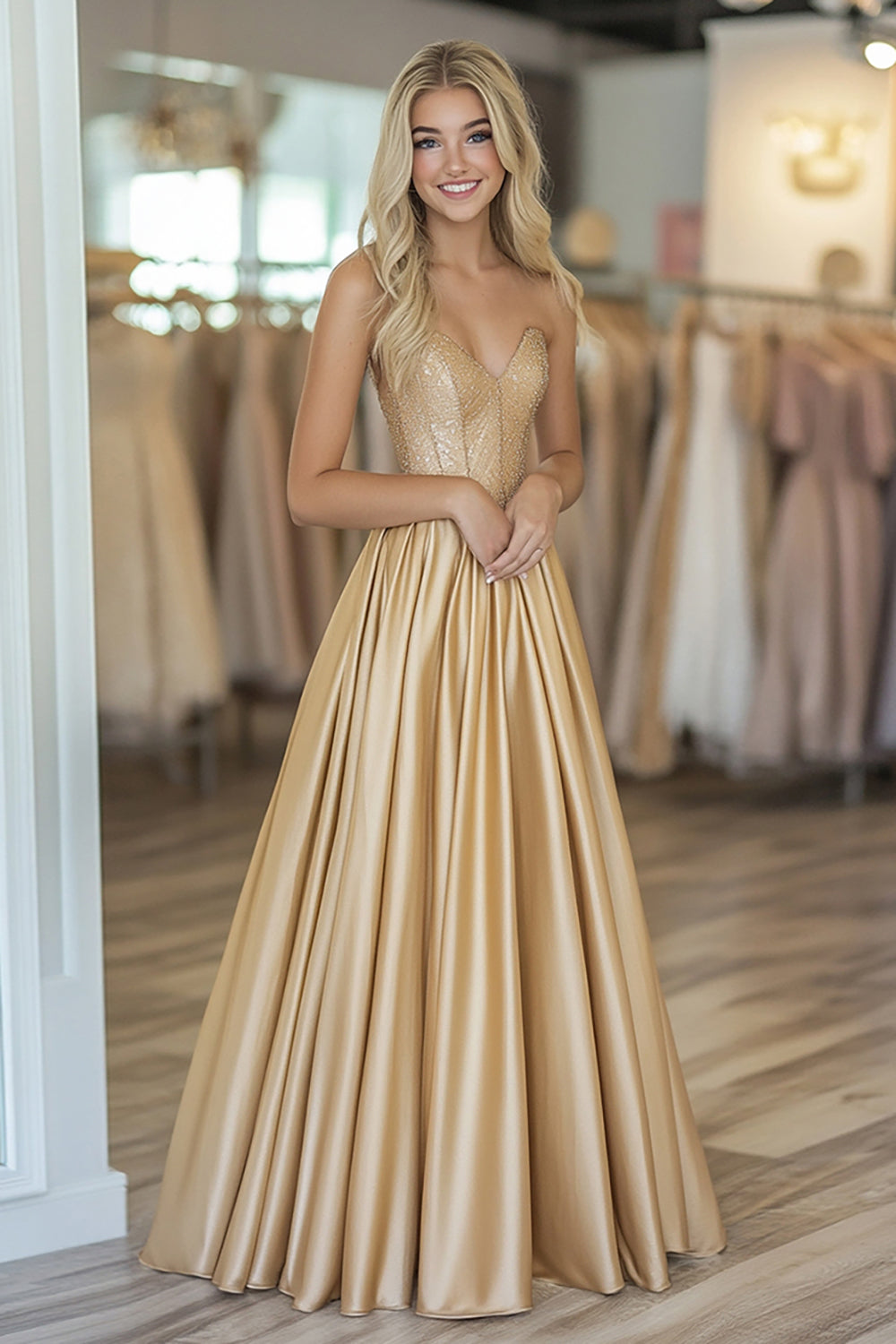 Long Beaded Strapless Prom Dress in Sparkly Gold with A-Line Corset