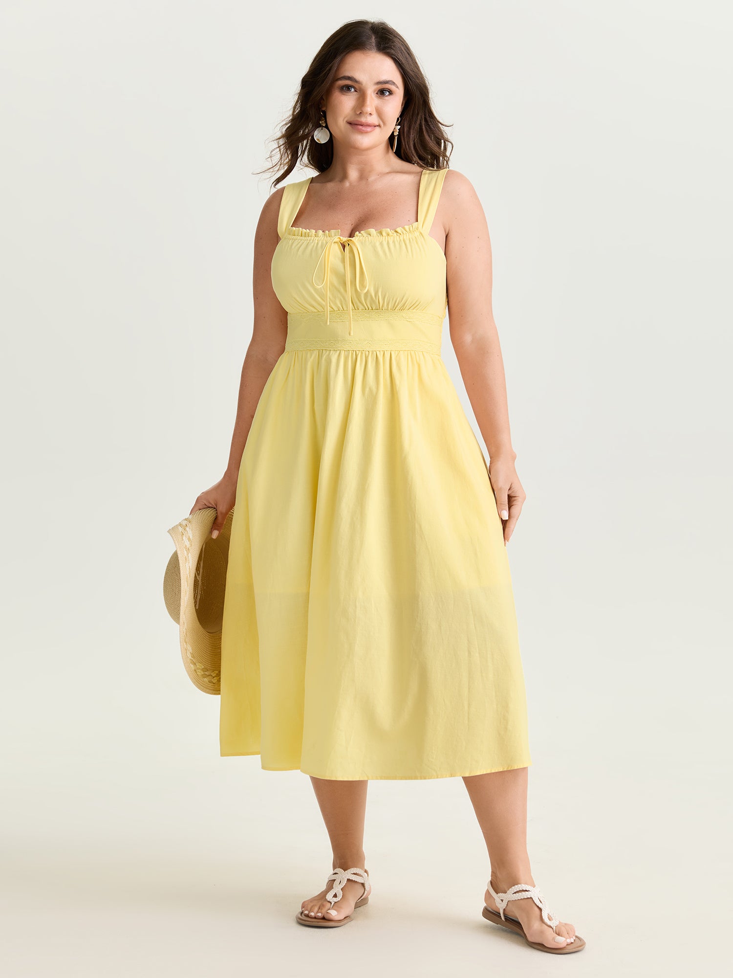 Breathable Cotton Solid Shirred Drawstring Midi Dress