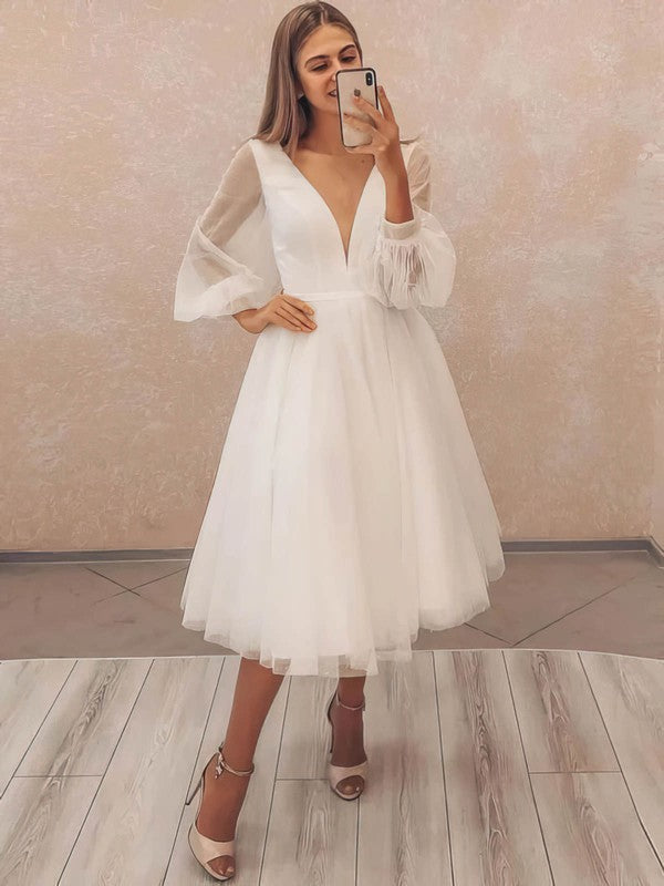 Glamorous deep V-Neck Long Sleeves Tulle Tea-Length A-Line Wedding Dresses