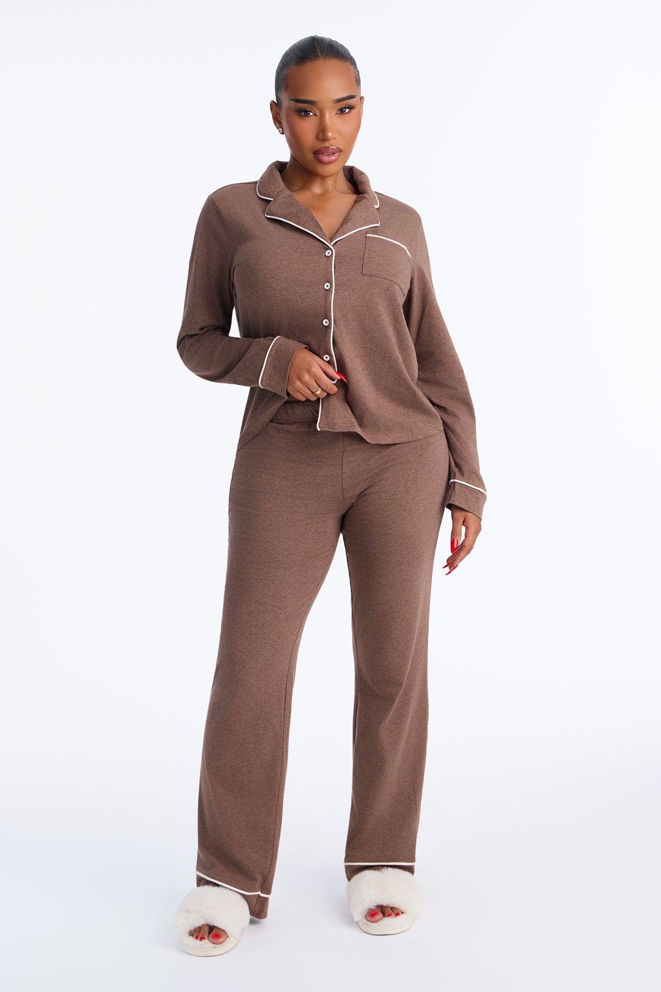 Nova Cotton Long Sleeve Button Down PJ Pant Set - Heather/Brown