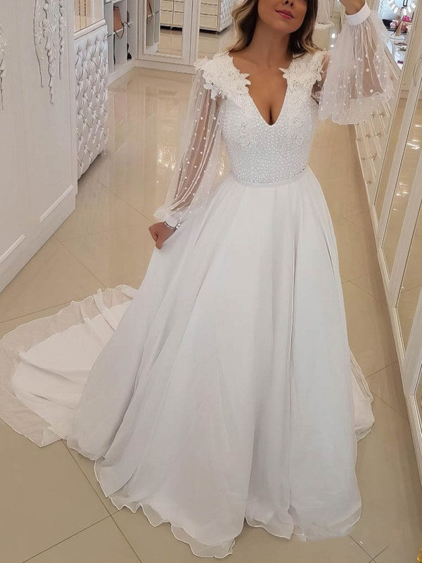 Fabulous A-Line V-Neck Long Sleeves Chiffon Sweep Train Wedding Dresses with Beads
