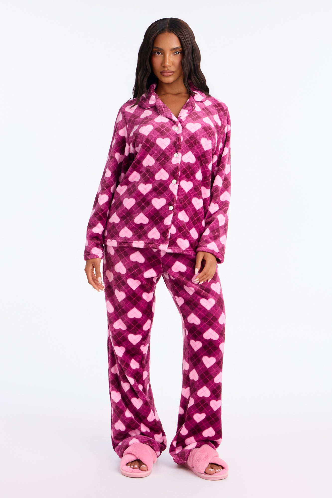 Love My Sleep Plush Button Up PJ Pant Set - Purple/combo