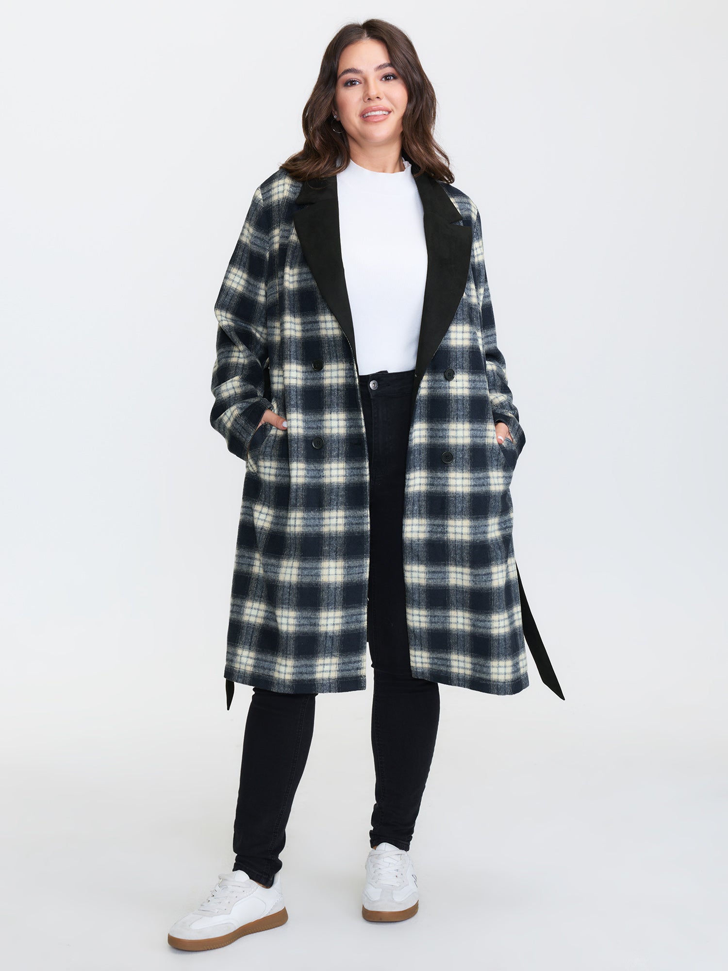 Checkered Belted Color Contrast Coat