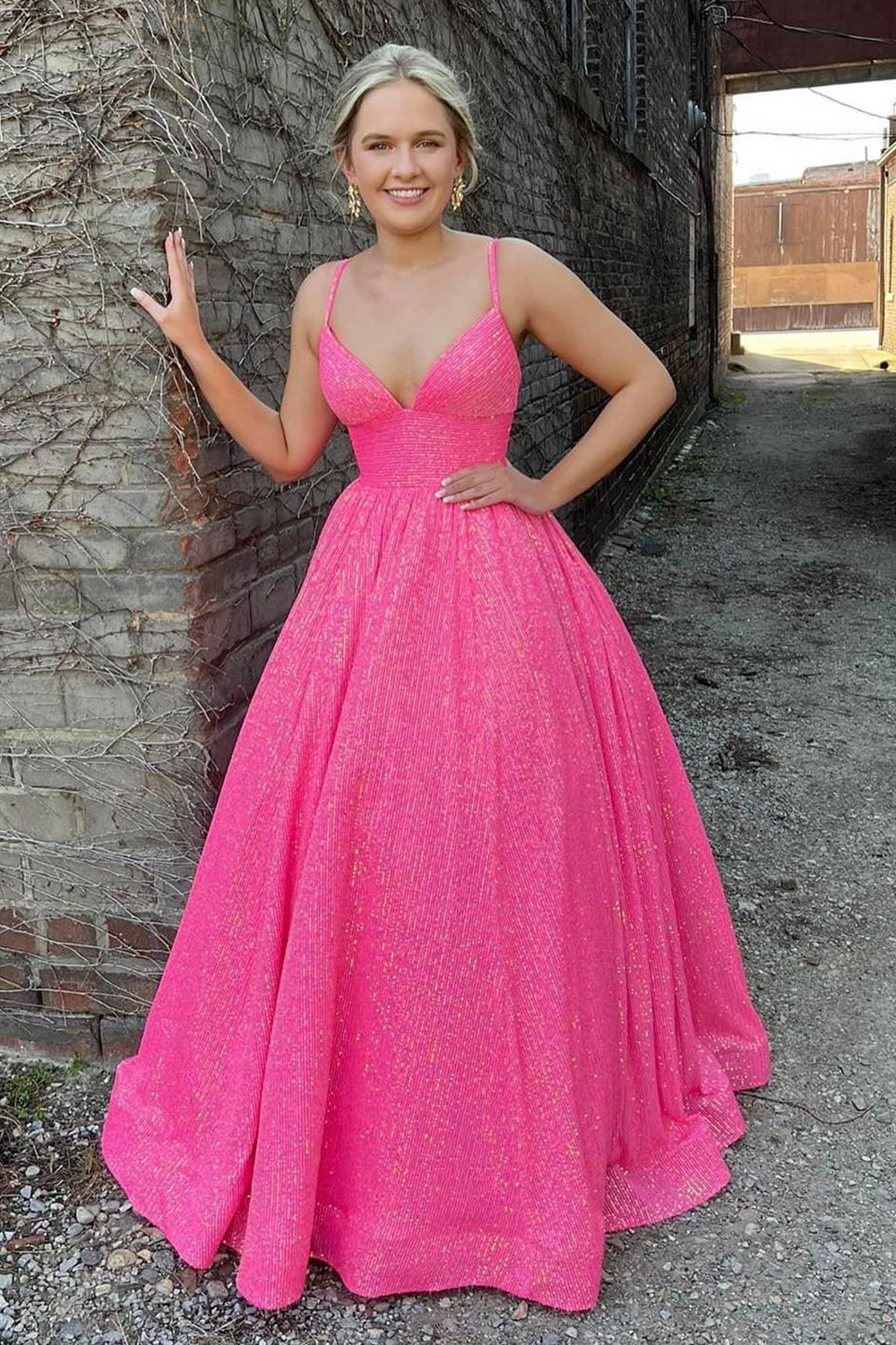 Long A-Line Prom Dress with Fuchsia Sequins and Spaghetti Straps