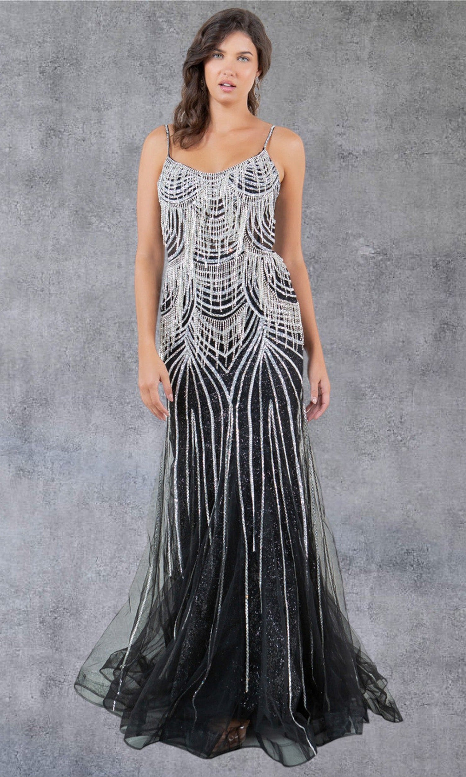Cinderella Couture 8192J - Beaded Fringe Scoop Sheath Gown