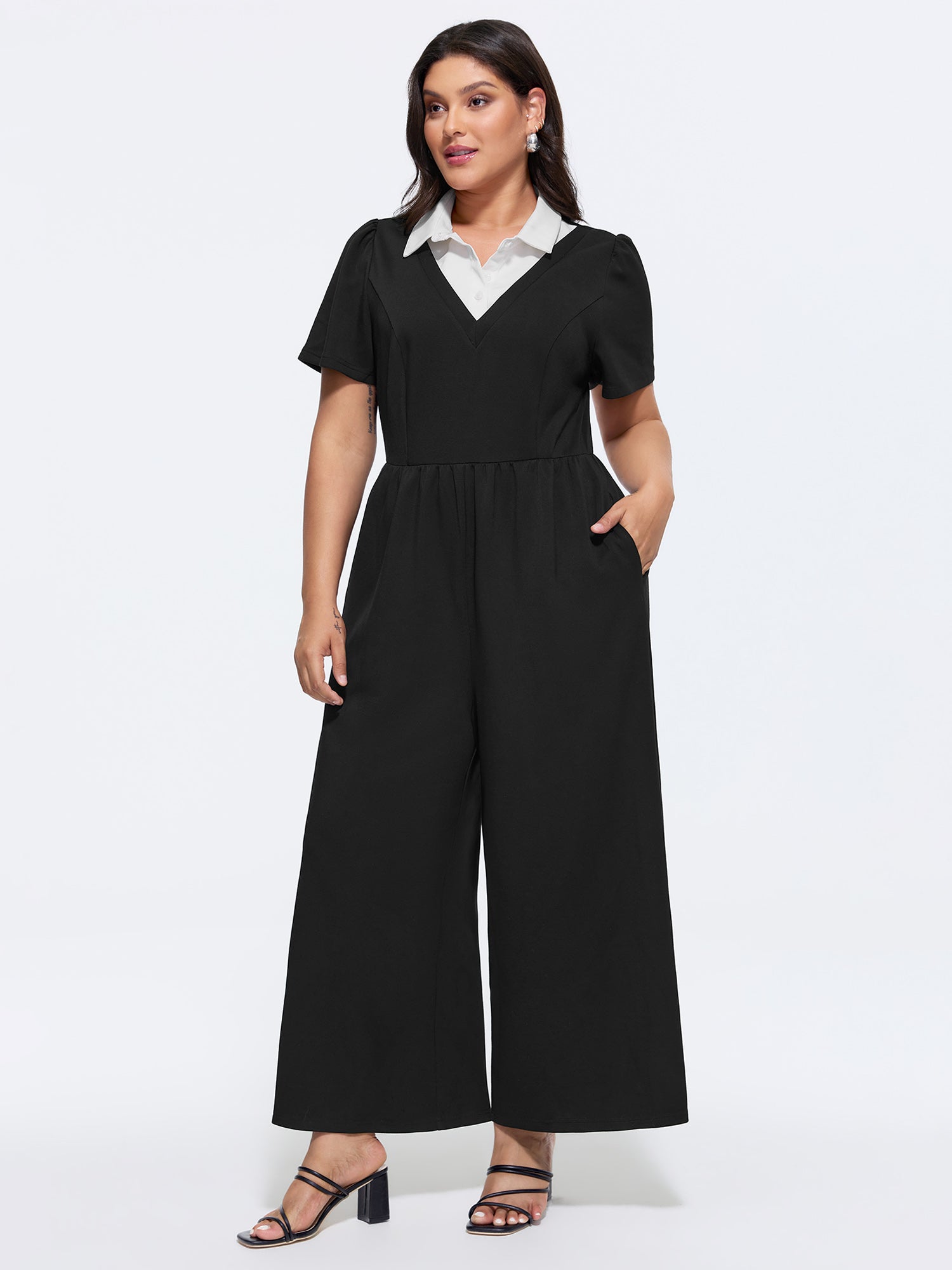 Collared Layered Neckline Straight-Fit Jumpsuit