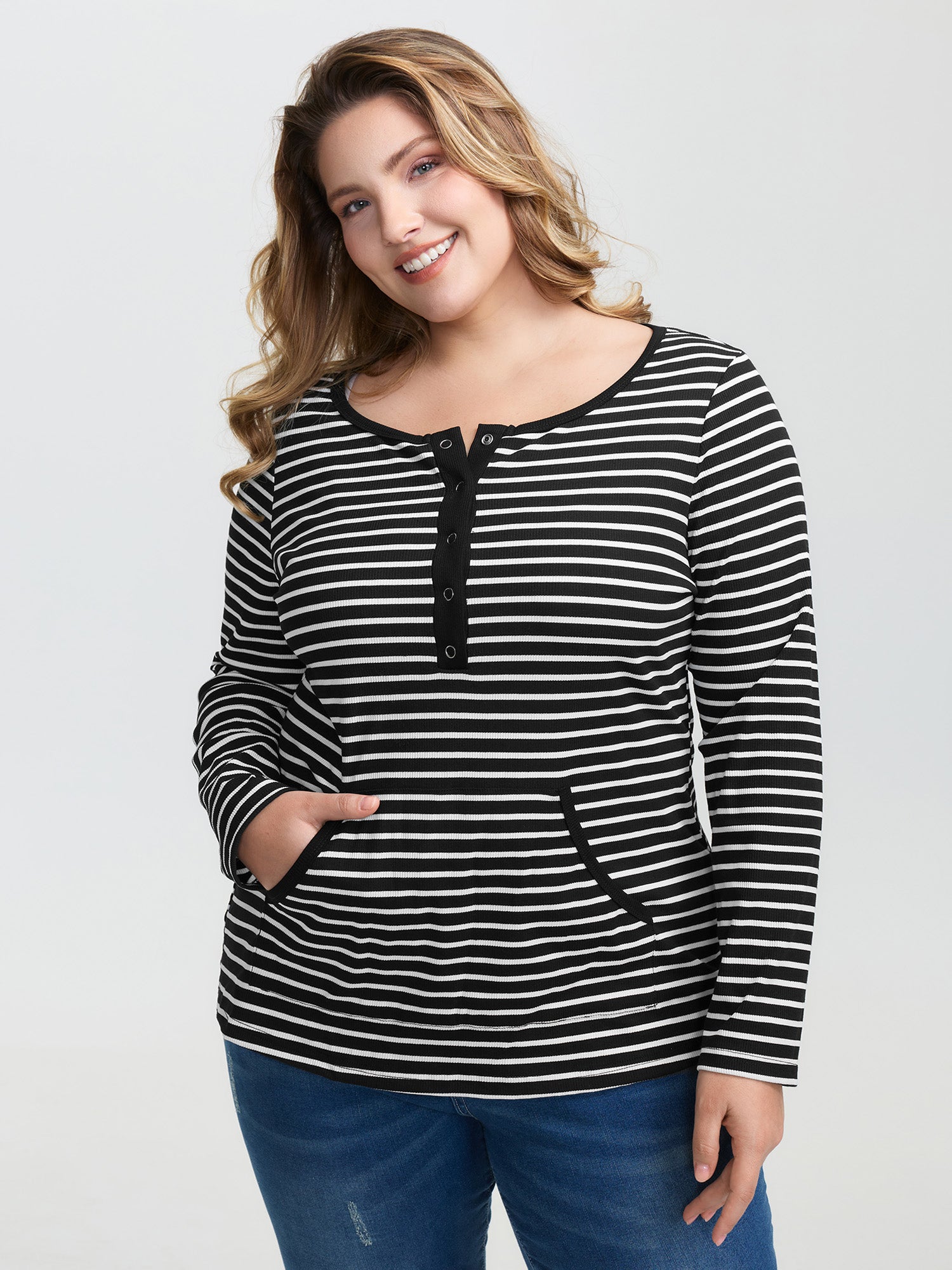 Striped Half-Open Placket Pockets T-Shirt