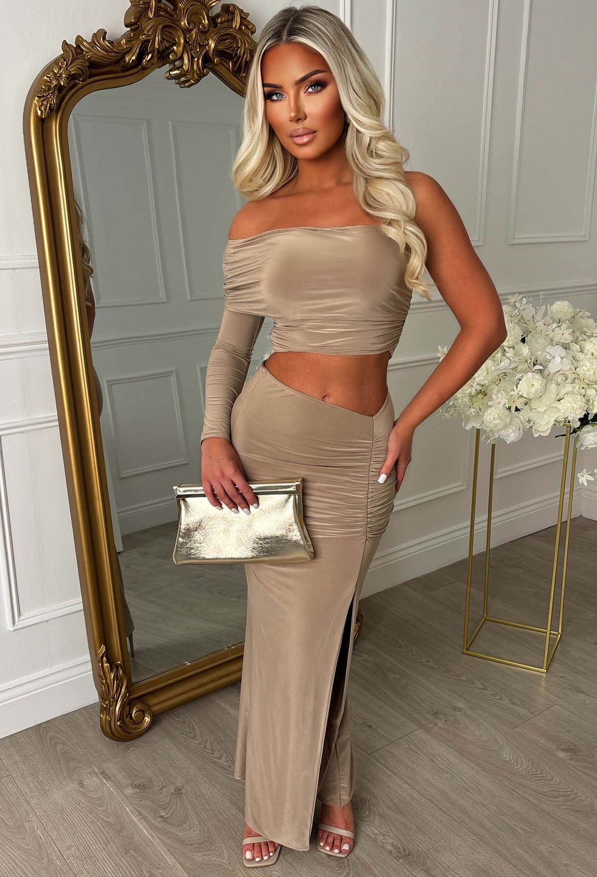 The Best Asset Taupe Ruched Slinky One Shoulder Maxi Skirt Co-Ord Set