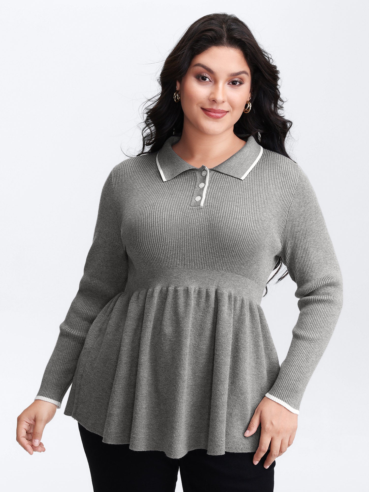Polo Collar Cinched-Waist Flared Pullover