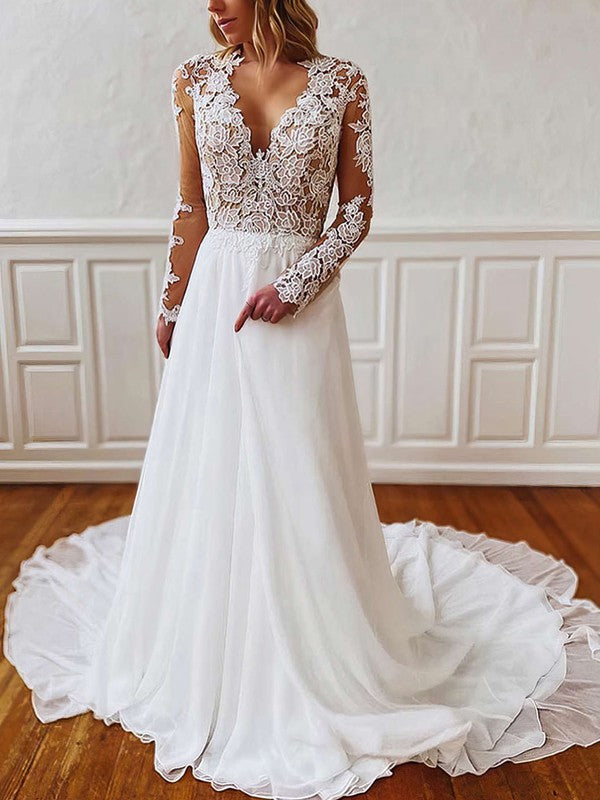 Elegant A-Line V-Neck Long Sleeves Chiffon Court Train Wedding Dresses with Appliques