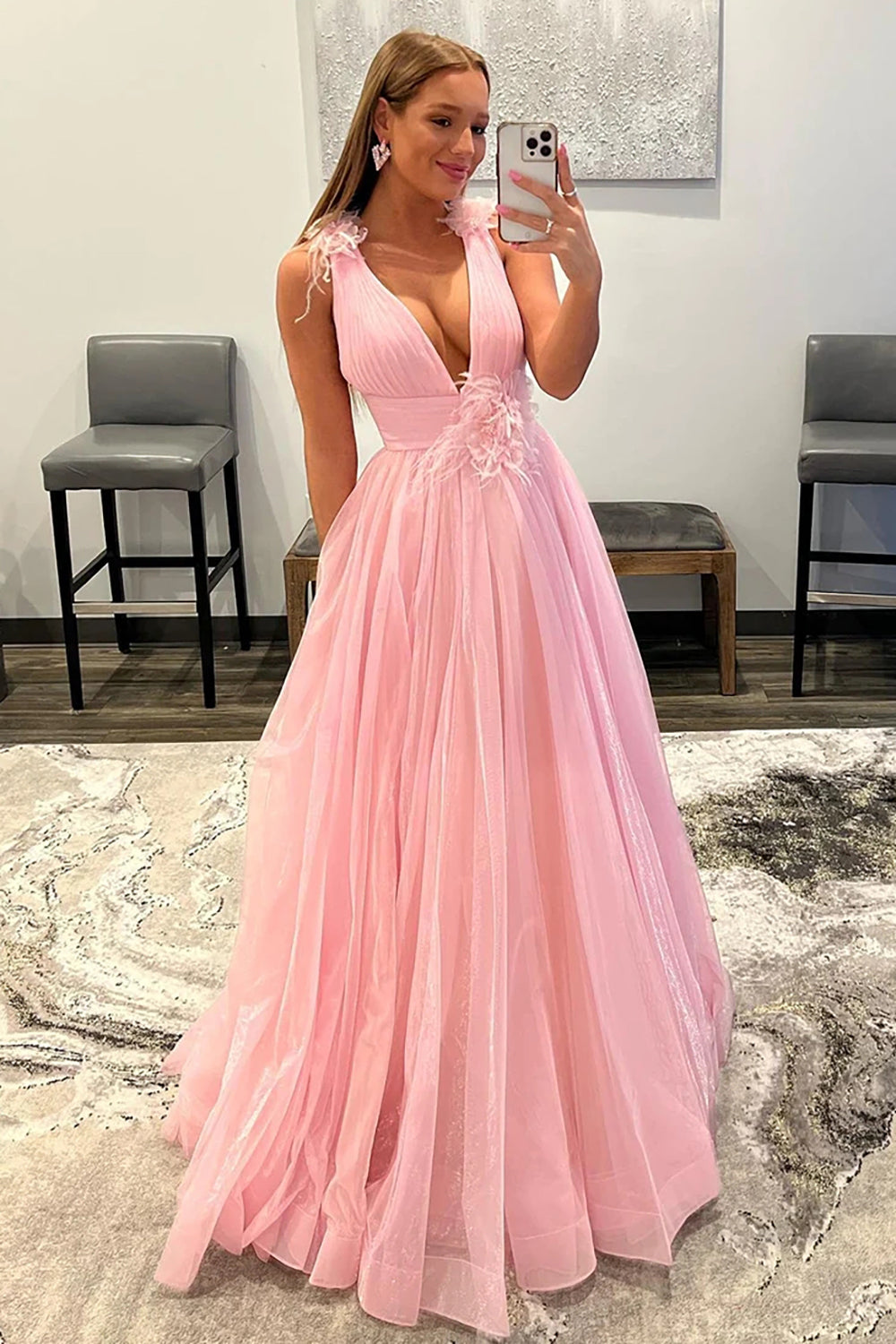 Long V-Neck Prom Dress in Light Pink Tulle Featuring an Open Back