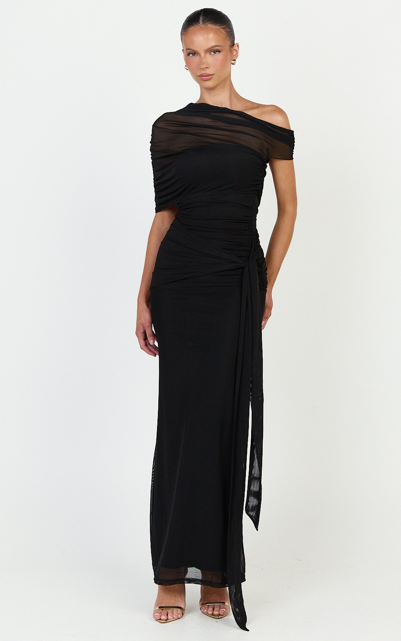 Nicolette Maxi Dress - Cape Sleeve Off Shoulder Dress in Black