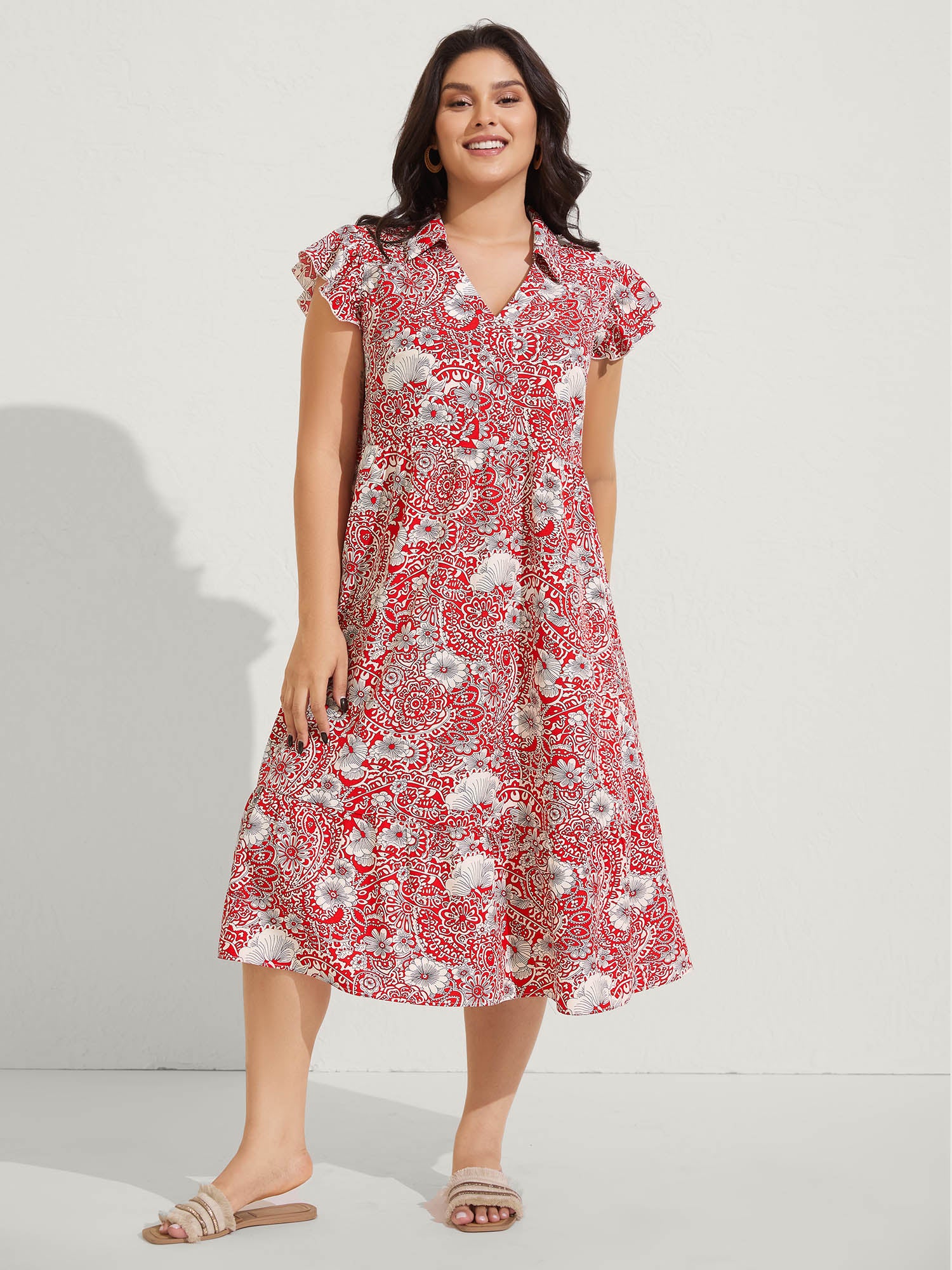 Paisley Print Collar Flutter Sleeve Midi Dress