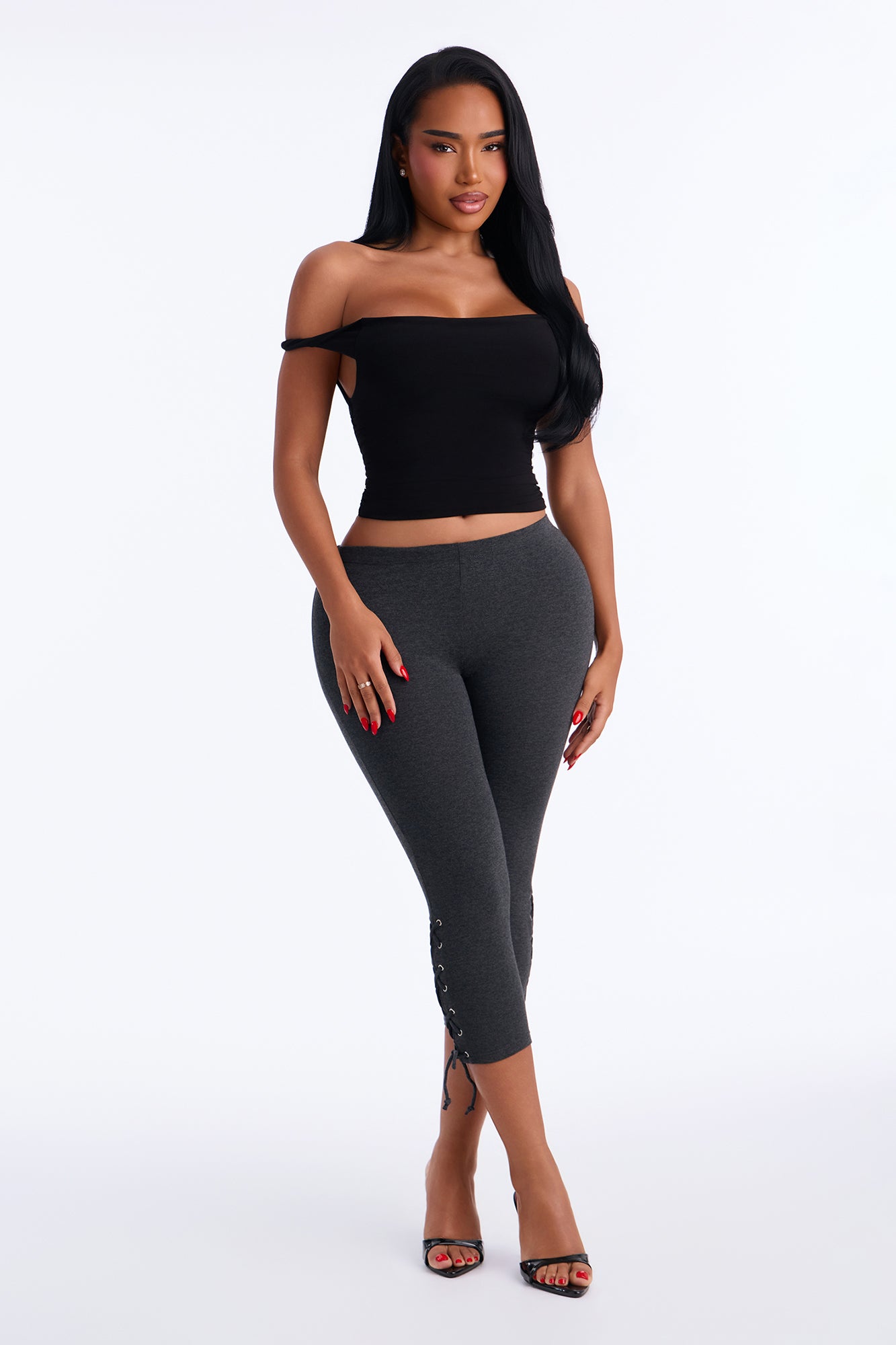 Karlie Low Rise Lace Up Capri Legging - Charcoal