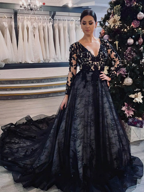 Elegant Black Deep V-Neck Long Sleeves Tulle Court Train Wedding Dresses with Appliques
