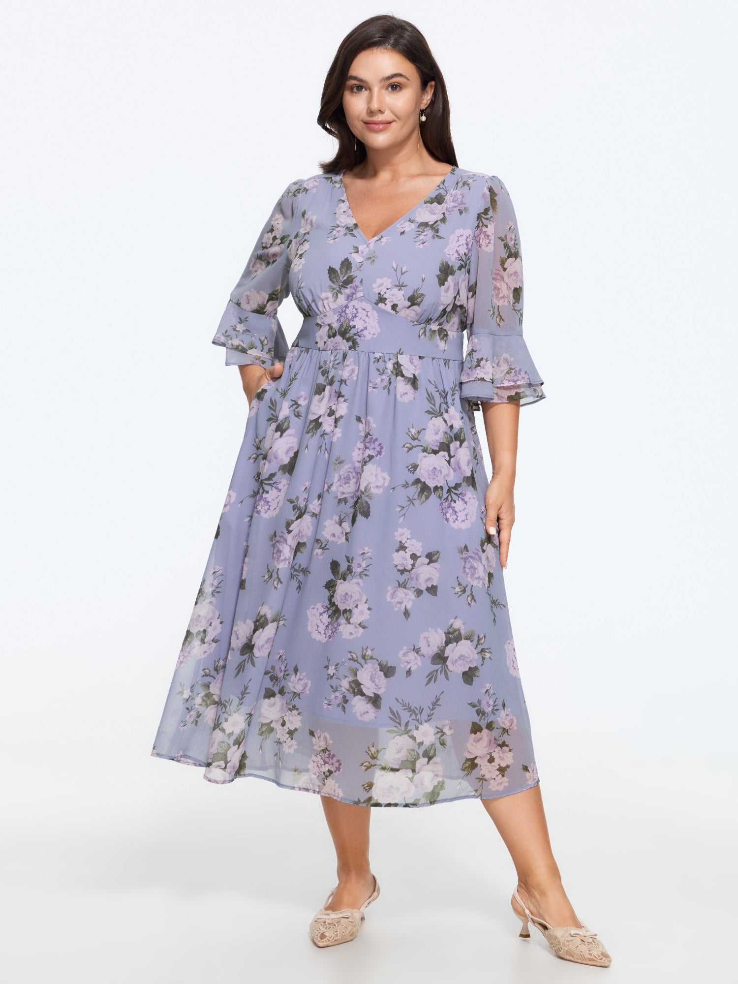 Floral Print Double Layer Sleeve Flowy Midi Dress