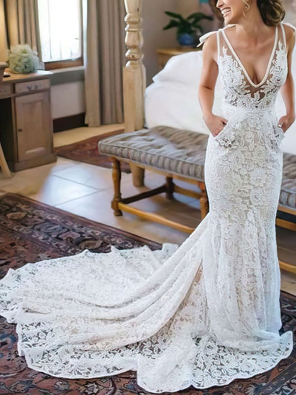 Elegant Trumpet V-Neck Sleeveless Lace Chapel Train Wedding Dresses with Pockets