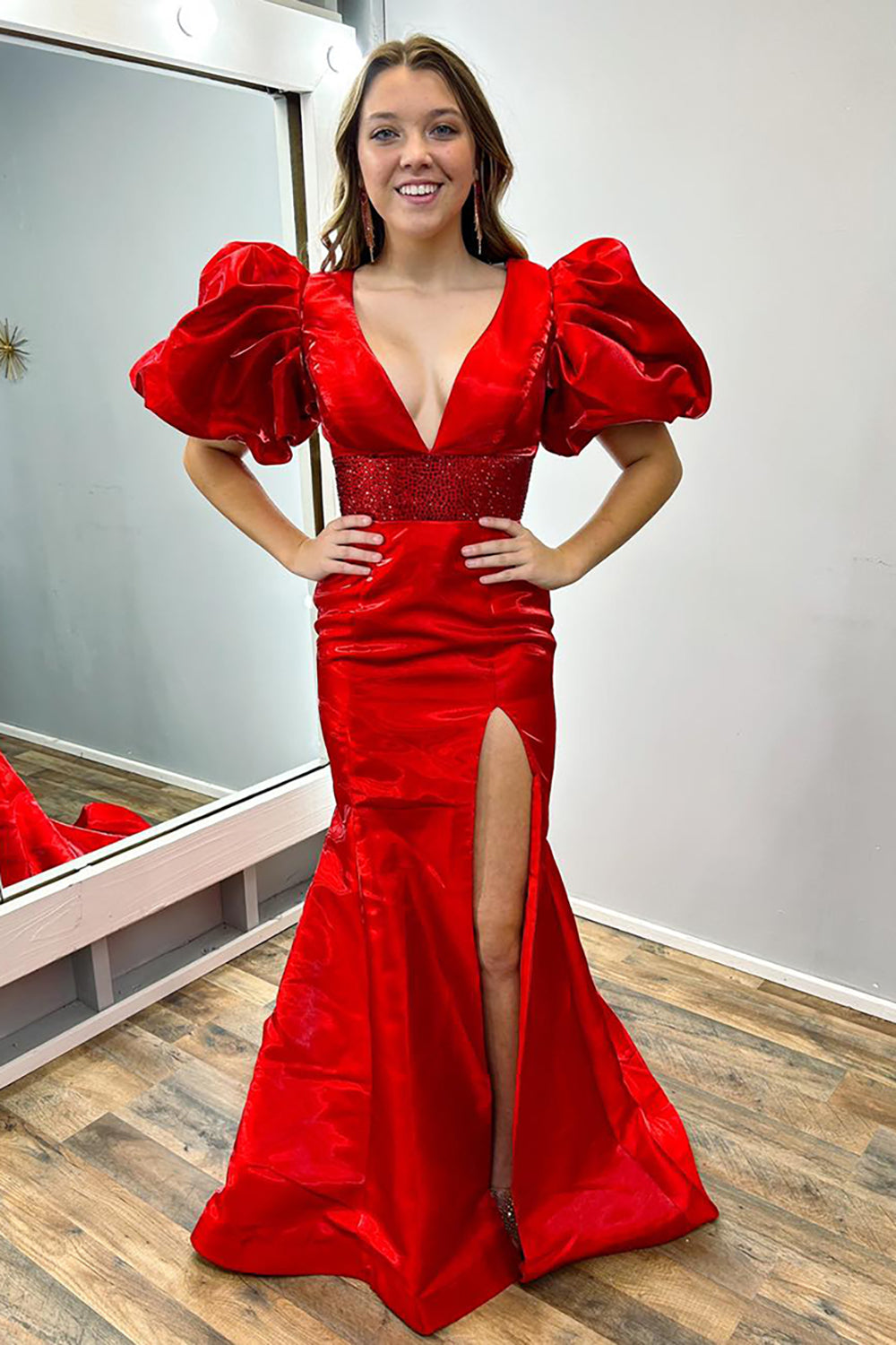 Long Red Prom Dress with V Neck Mermaid Cut Puff Sleeves and Slit