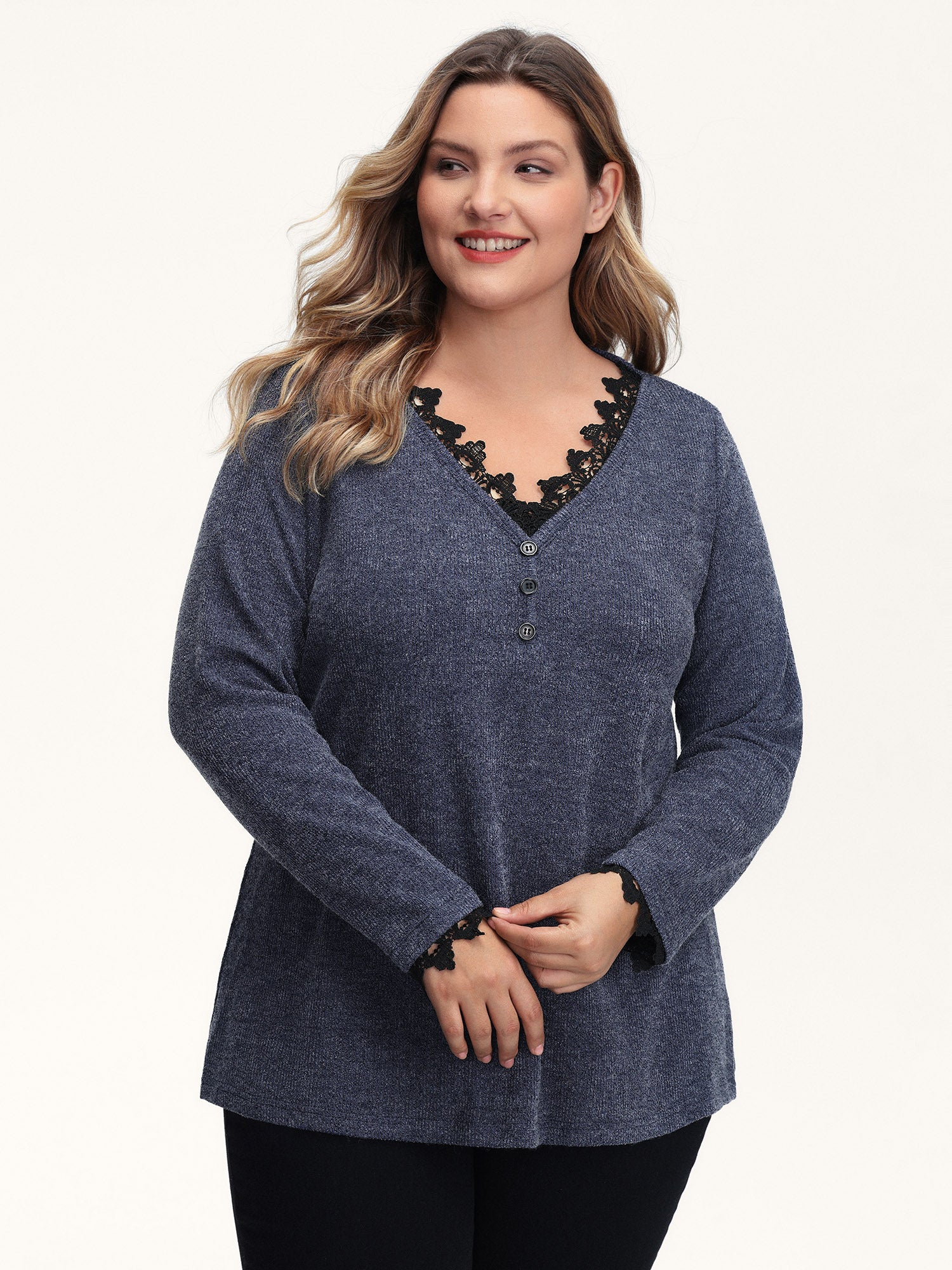Lace V-Neckline Solid T-Shirt
