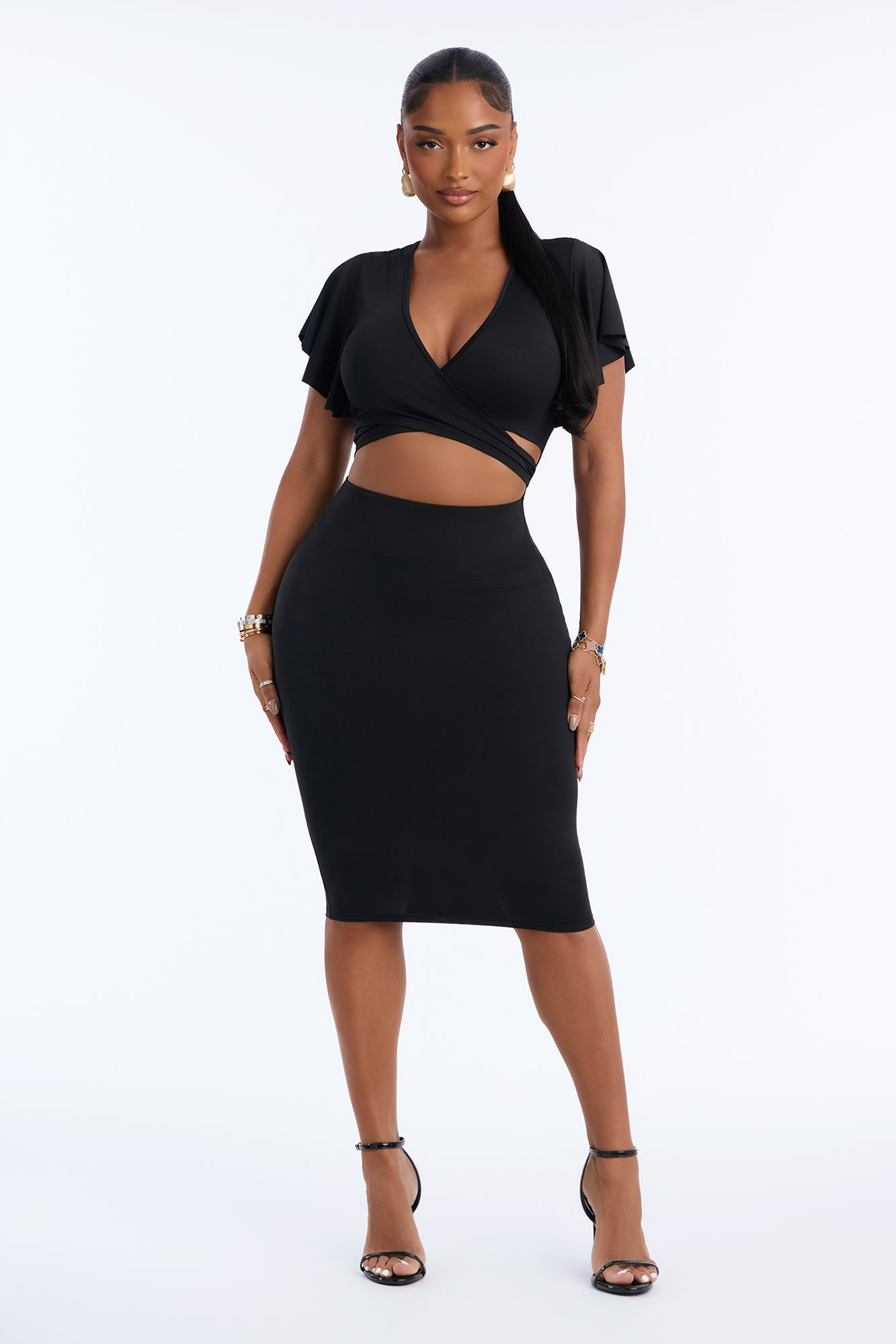 Talia Tie Waist Ruffle Sleeve Midi Dress - Black