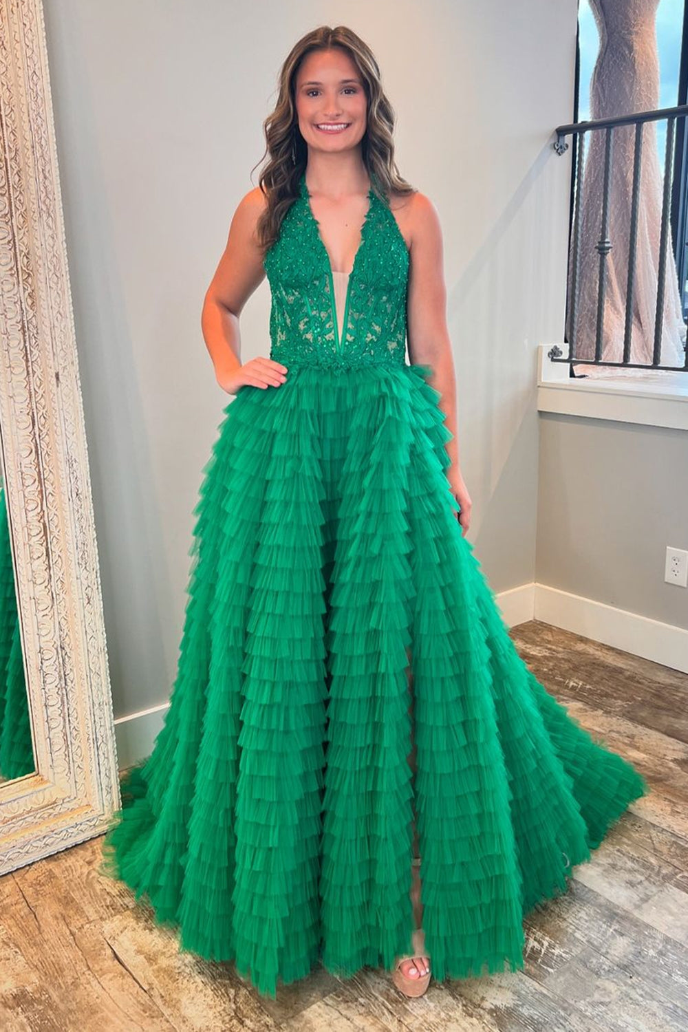 Long A-Line Corset Prom Dress in Dark Green with Halter Neck Tulle Tiered Design and Appliques