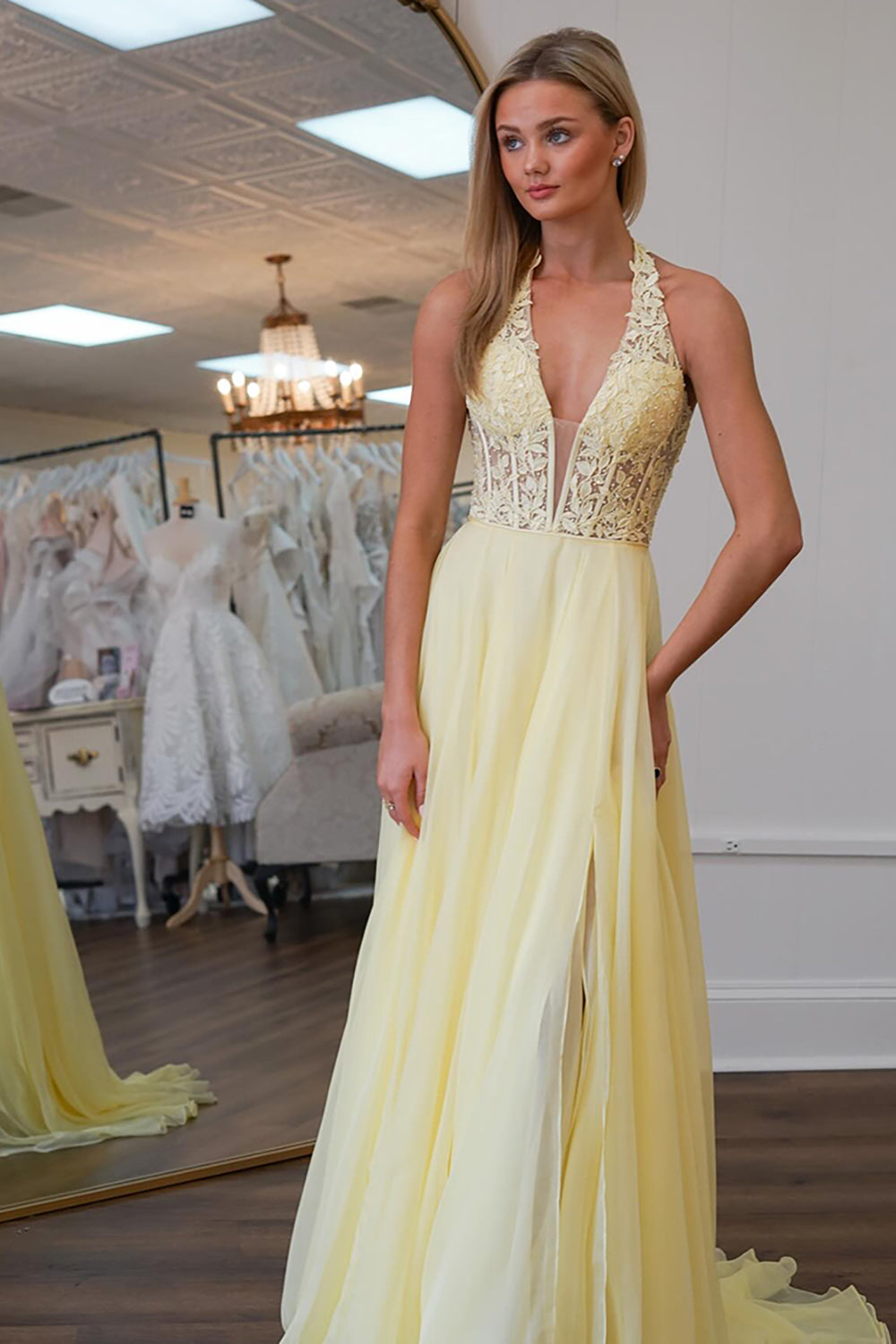 Long A-Line Chiffon Prom Dress in Yellow with Applique and Slit