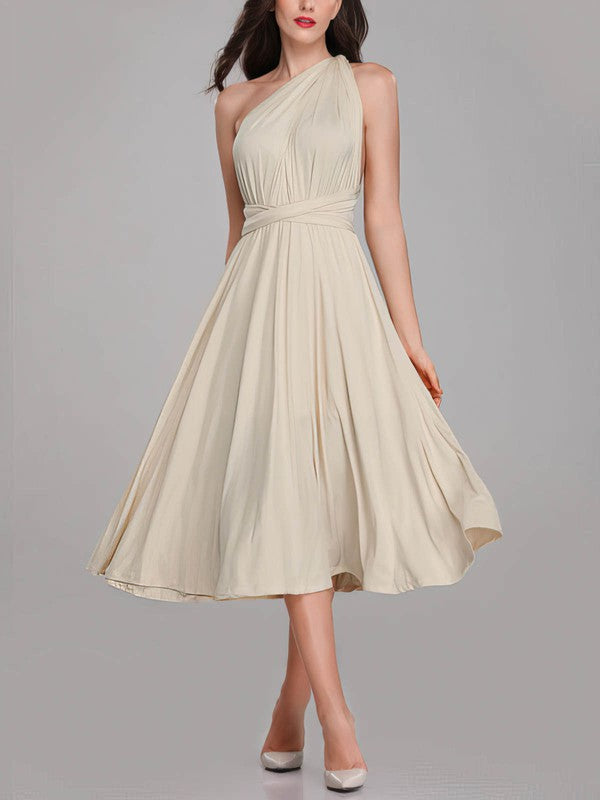 Trendy Tea-Length Sleeveless A-Line One Shoulder Bridesmaid Dresses