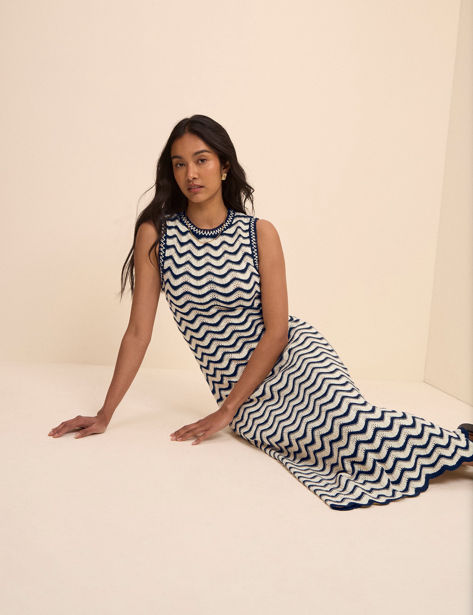 Navy and Cream Crochet Knitted Midi Dress