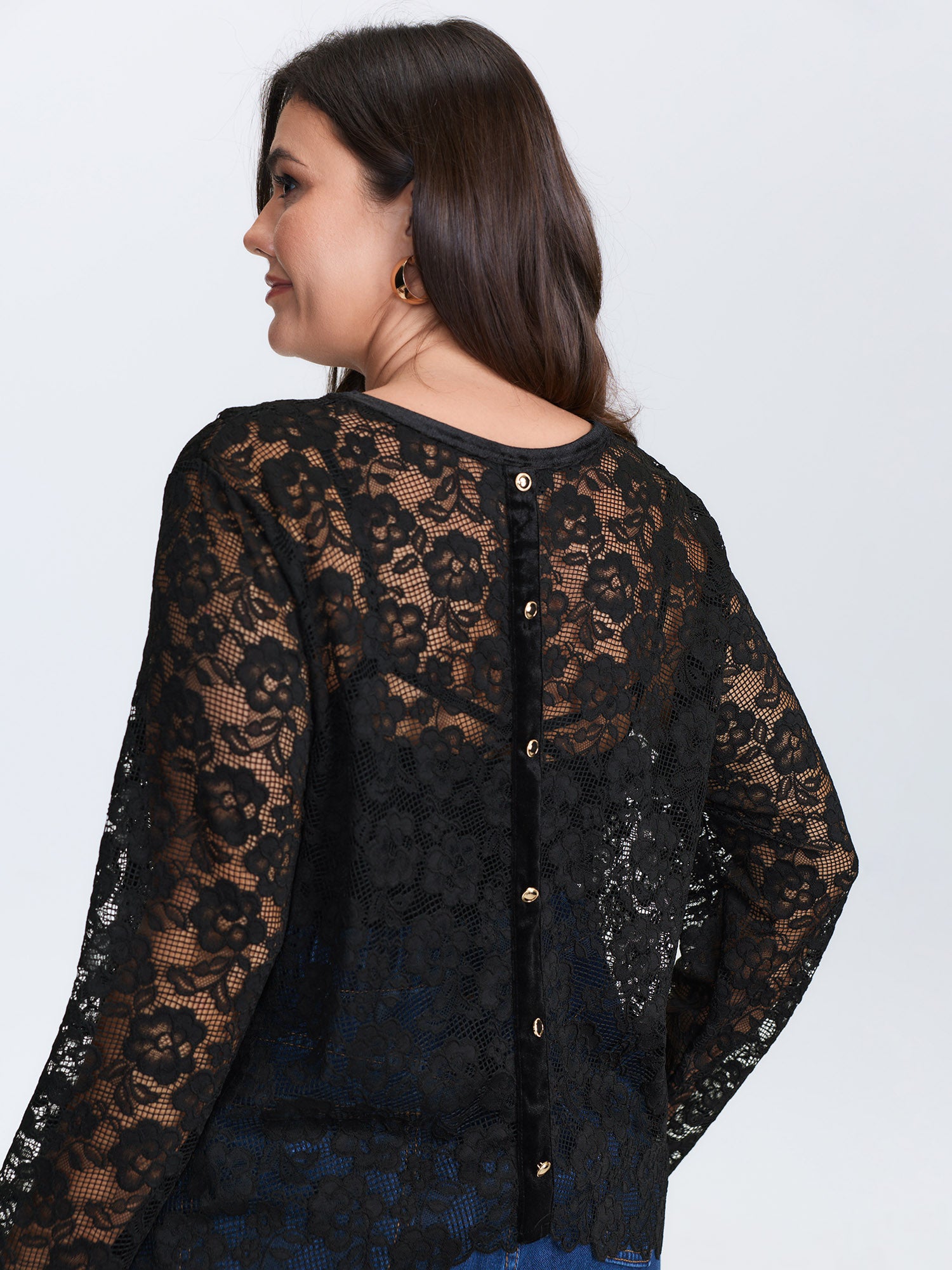Breathable Lace Button Back Sheer Blouse