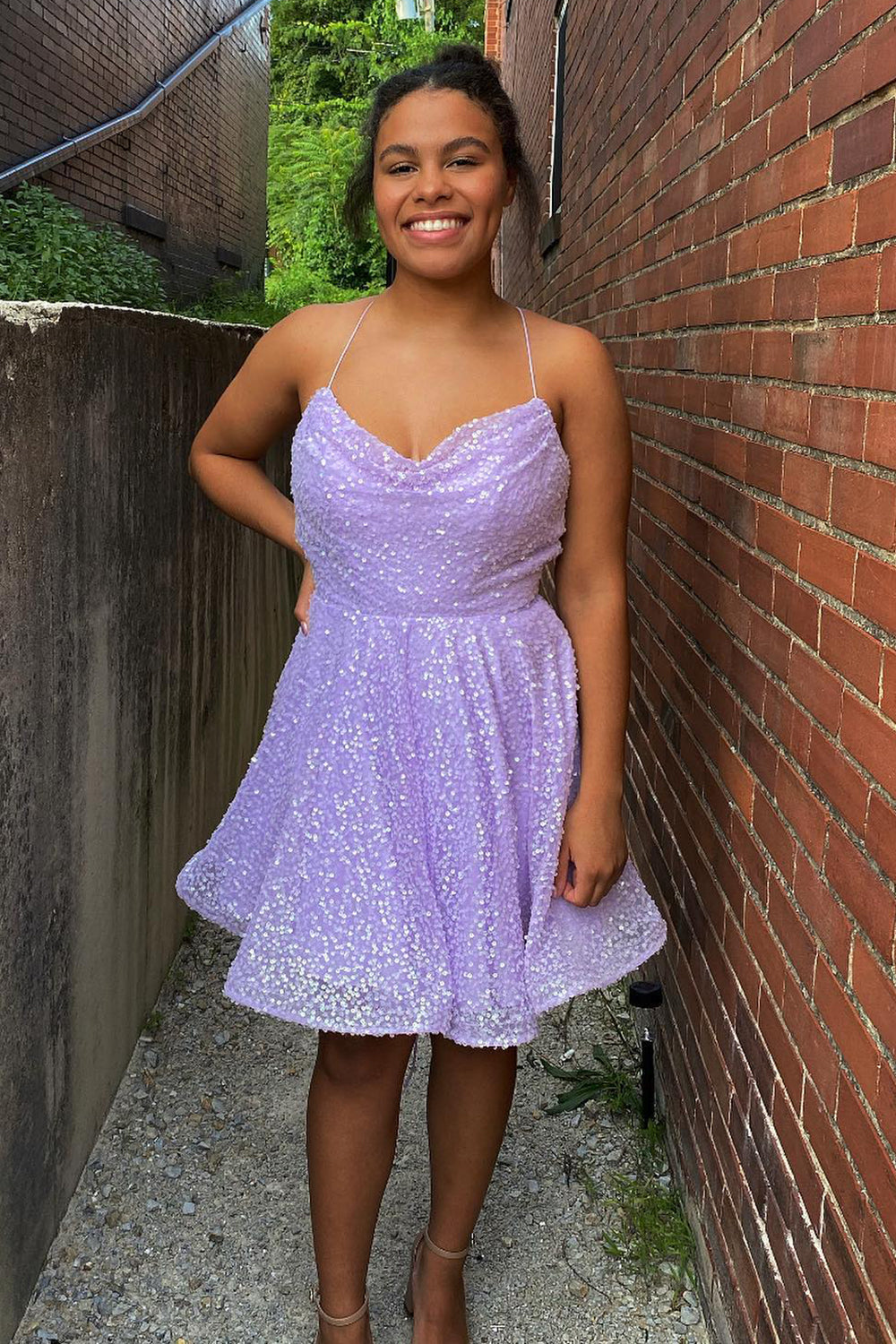 Lilac Sequins Homecoming Dress/Mini Dress with Criss Cross Back