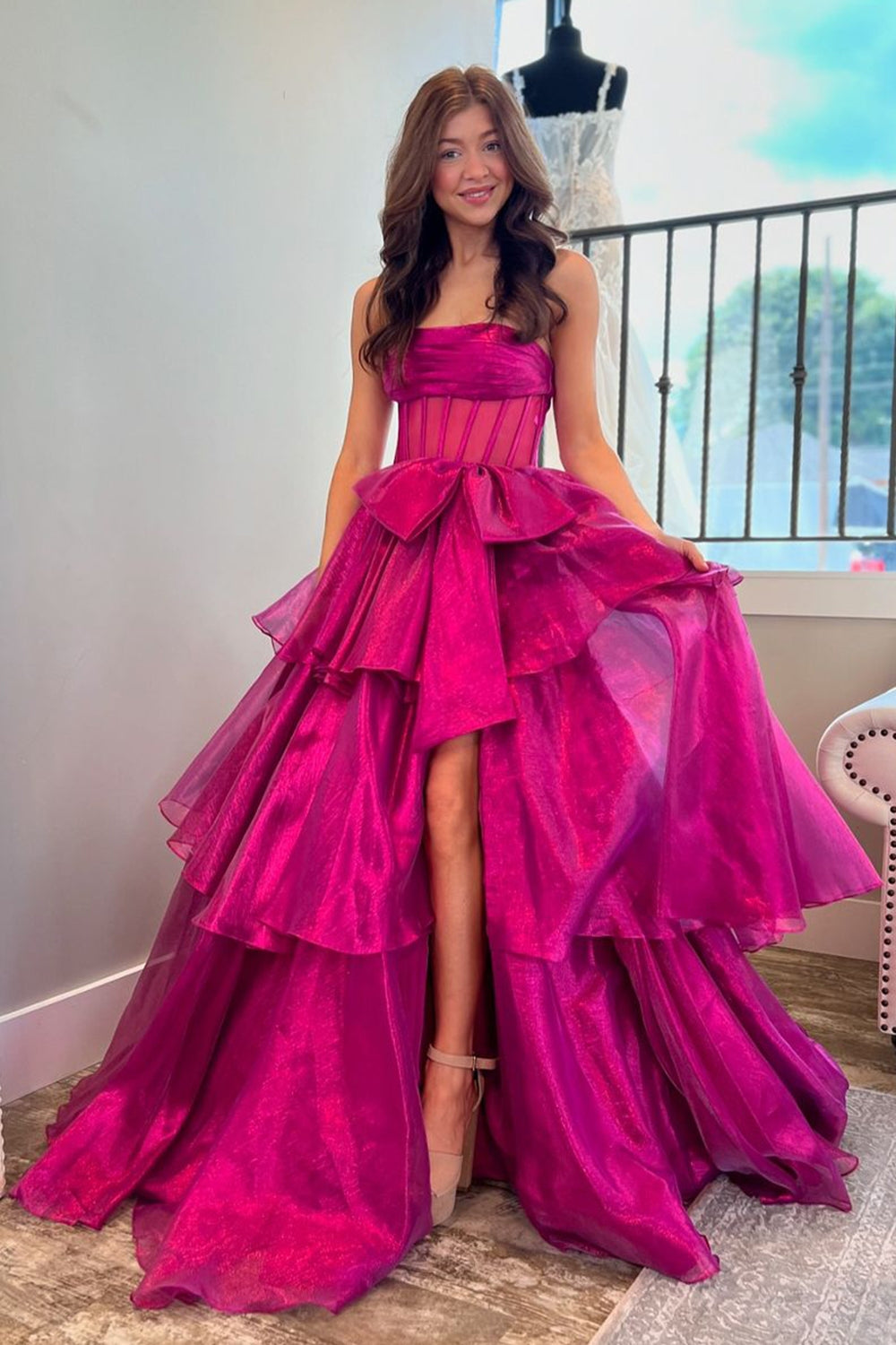 Elegant Fuchsia Strapless Corset Prom Gown with Tiered A-Line Skirt and Slit