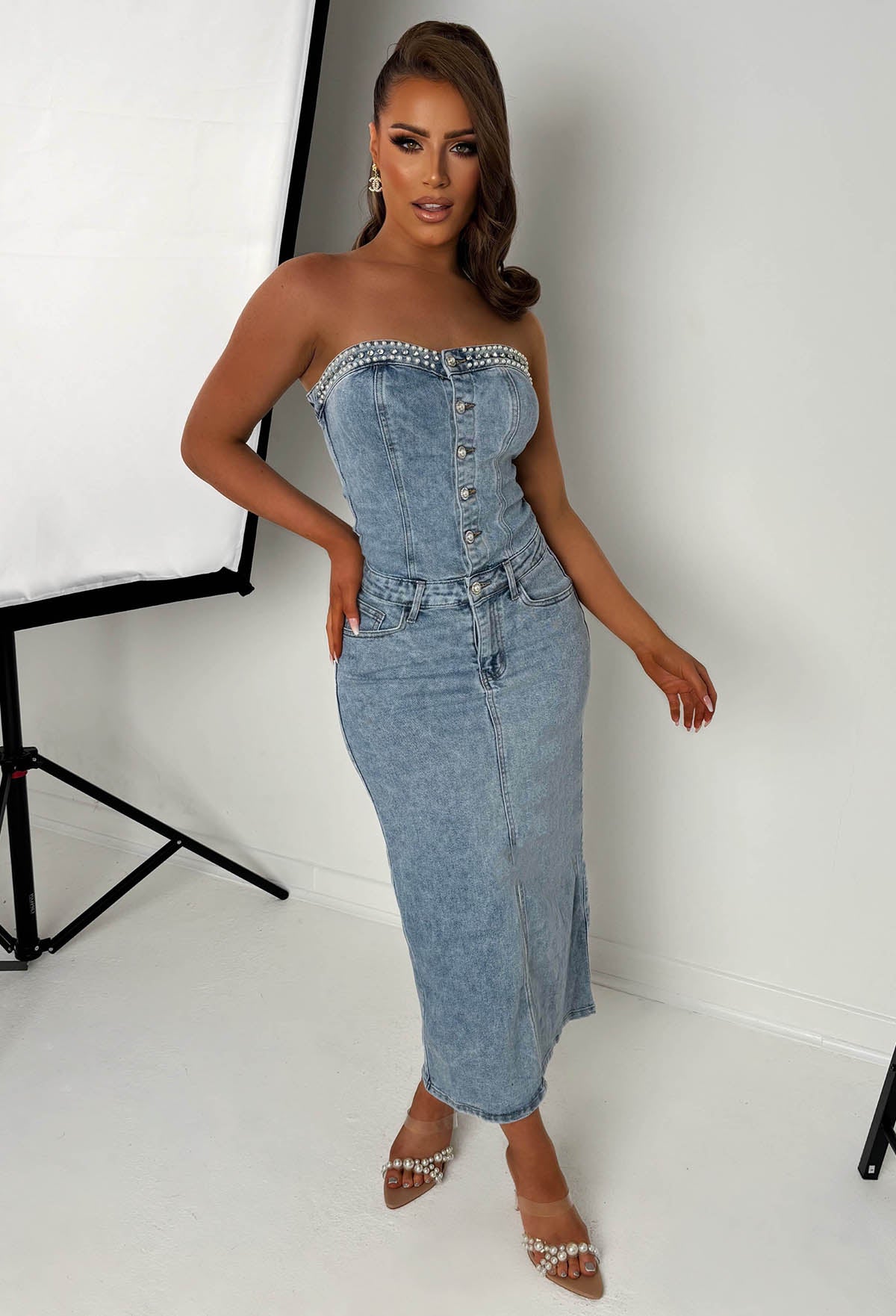 Pearl Escape Mid Blue Stretch Denim Pearl Dress