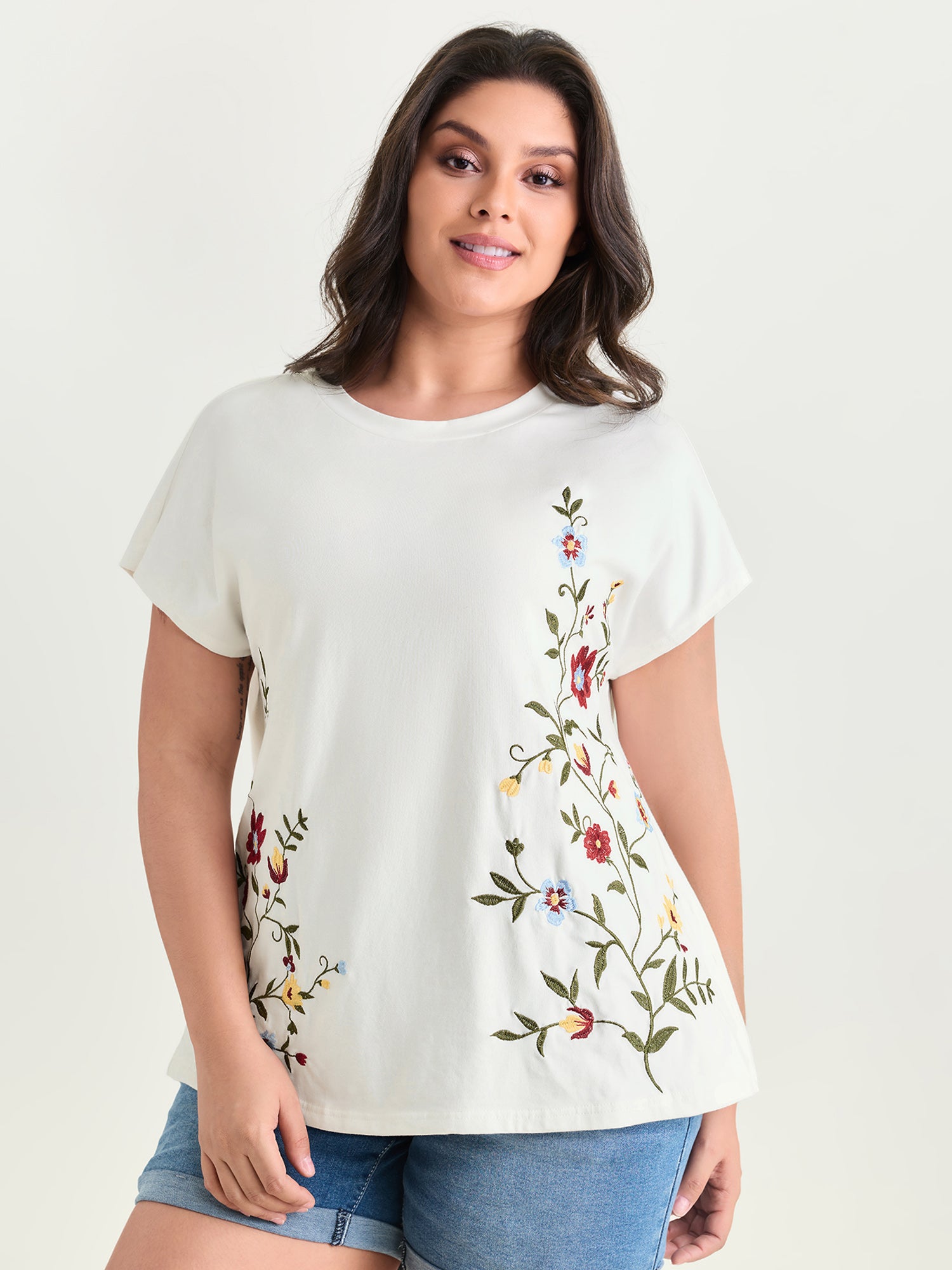 Cotton Stretchy Floral Embroidered Plain T-Shirt