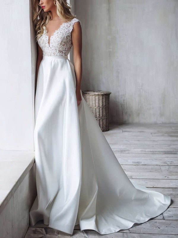 Deluxe A-Line V-Neck Sleeveless Satin Lace Sweep Train Wedding Dresses with Sash