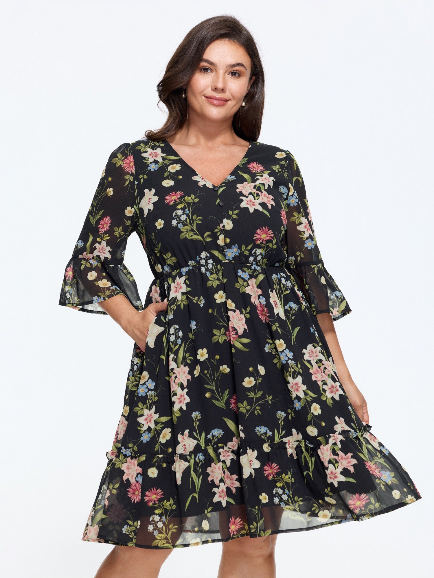 Floral Print V‑Neck Tiered Chiffon Mini Dress