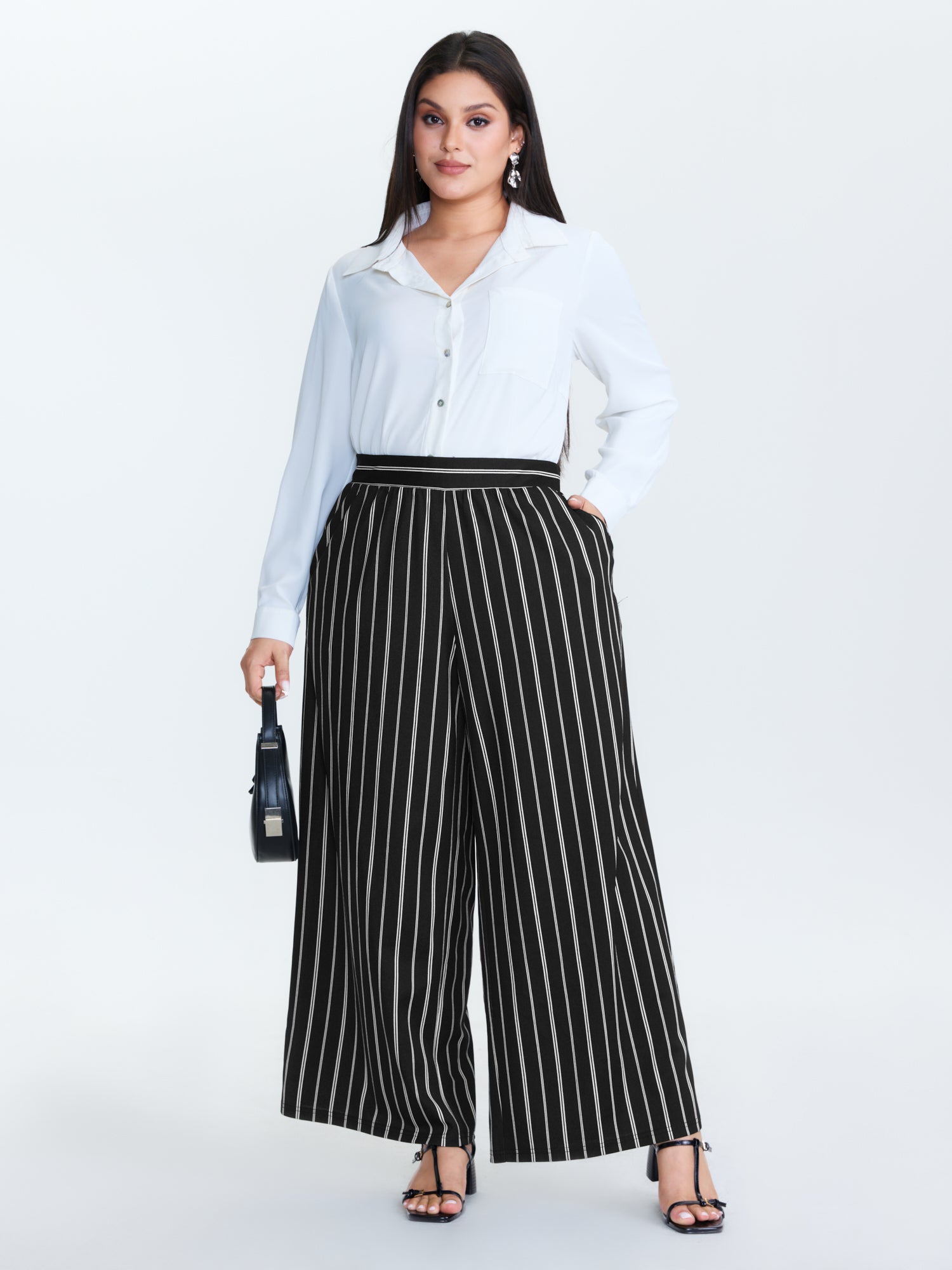 Monochrome Stripe Print Wide-Leg Pants