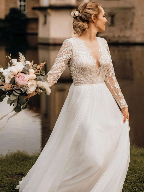 Beautiful A-Line V-Neck Long Sleeves Lace Chiffon Sweep Train Wedding Dresses