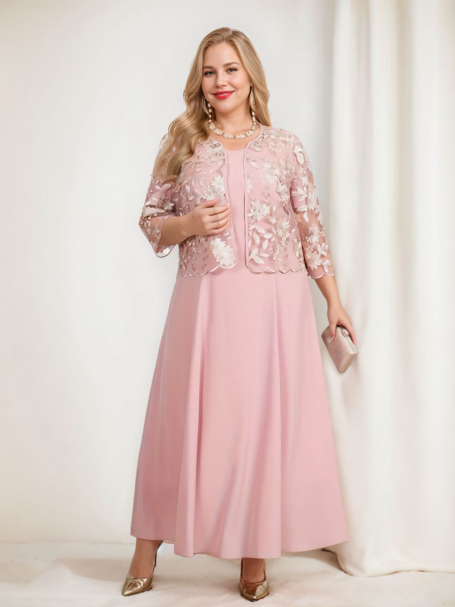 Plus Size Mother of the Bride A-Line/Princess Tea-Length Dress with 3/4 Sleeves Appliques & Jacket
